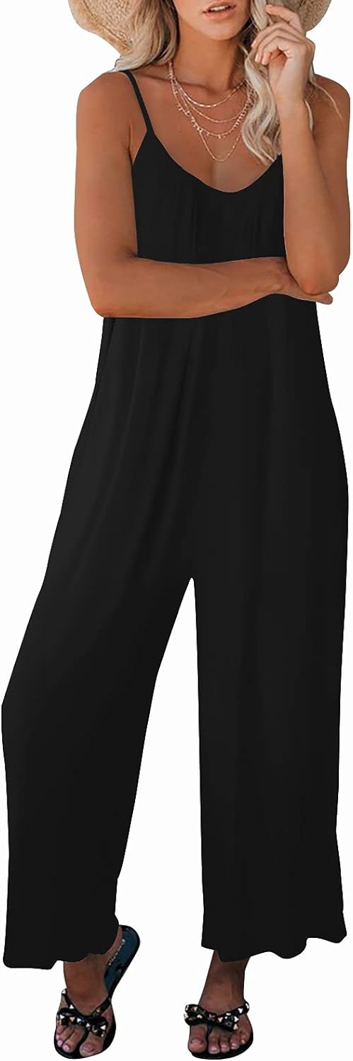 Womens Casual Sleeveless Strap Loose Adjustable Jumpsuits Stretchy Long Pants Romper with Pockets