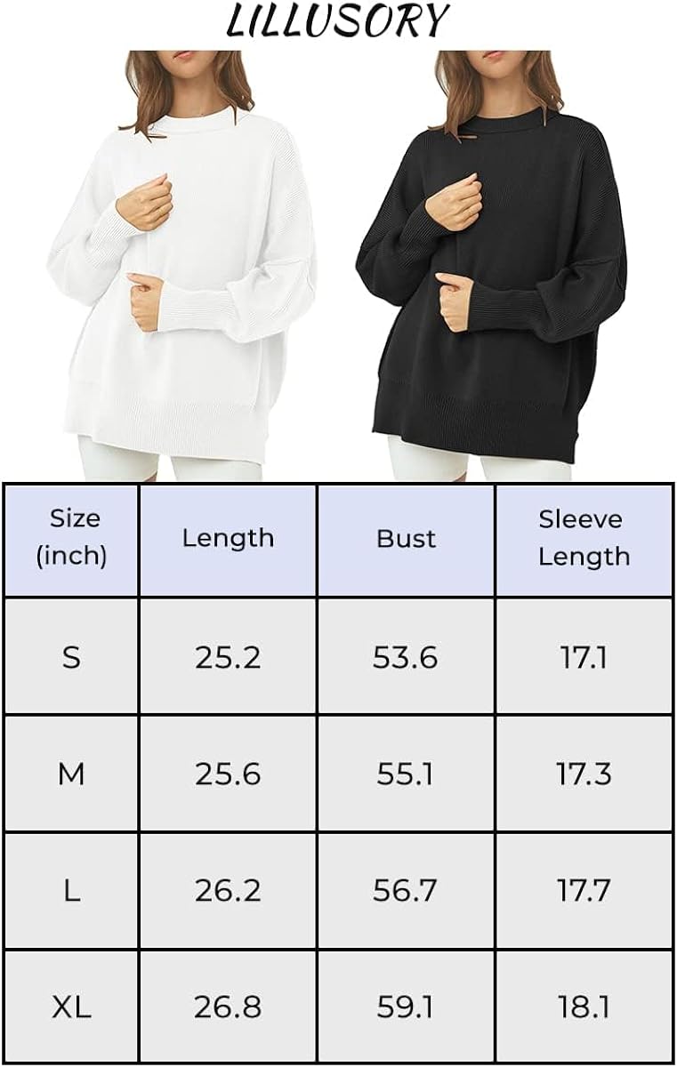 Women'S Crewneck Batwing Long Sleeve Sweater 2023 Fall Oversized Ribbed Knit Side Slit Pullover Top