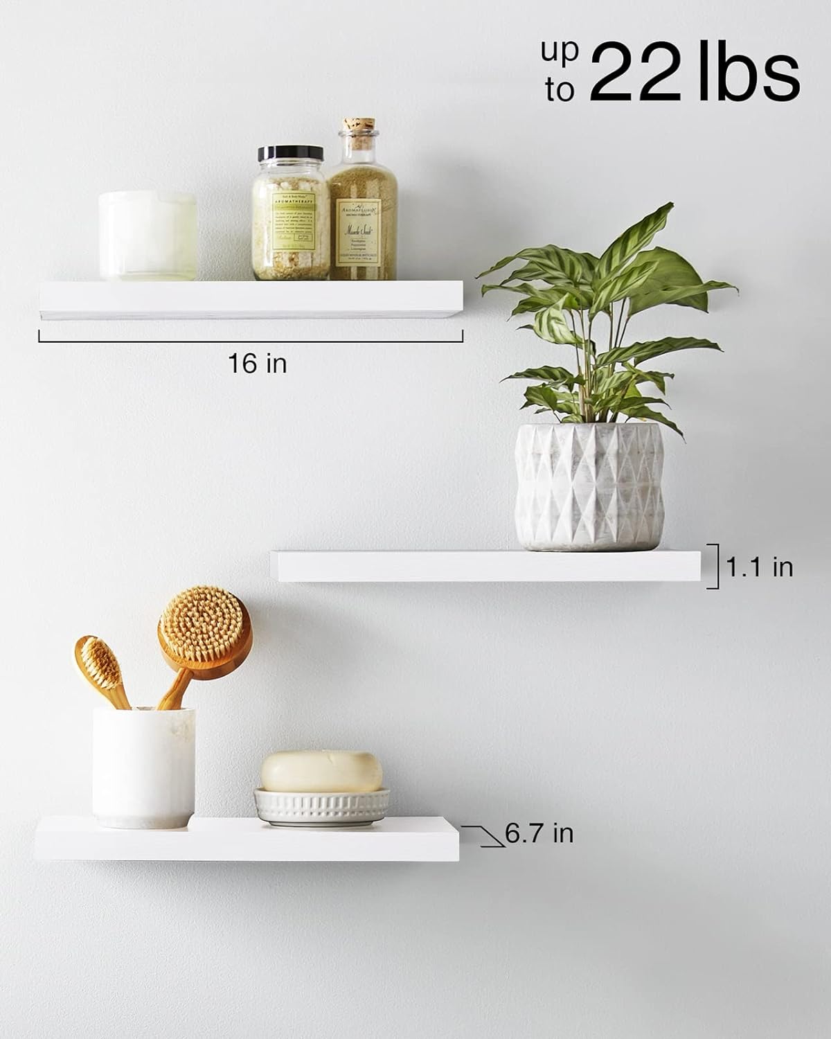 Floating Shelves, Wall Mounted Rustic Wood Shelves for Bathroom, Bedroom, Living Room, Kitchen, Small Hanging Shelf for Books/Storage/Room Decor with 22Lbs Capacity (White, Set of 3, 16In)