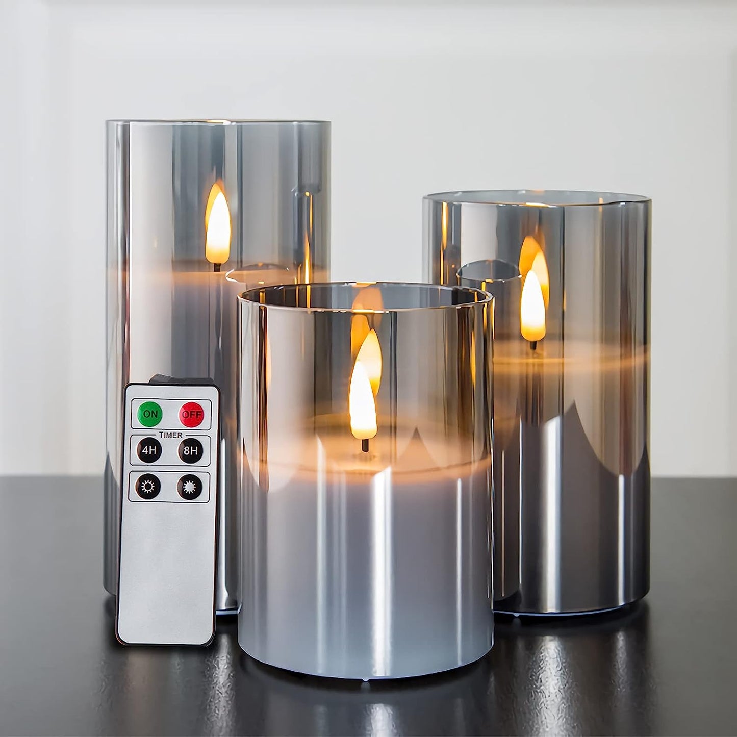 Grey Glass Flameless Candles with Remote Battery Operated Flickering LED Pillar Candles Real Wax Wick Φ 3" H 4" 5" 6"