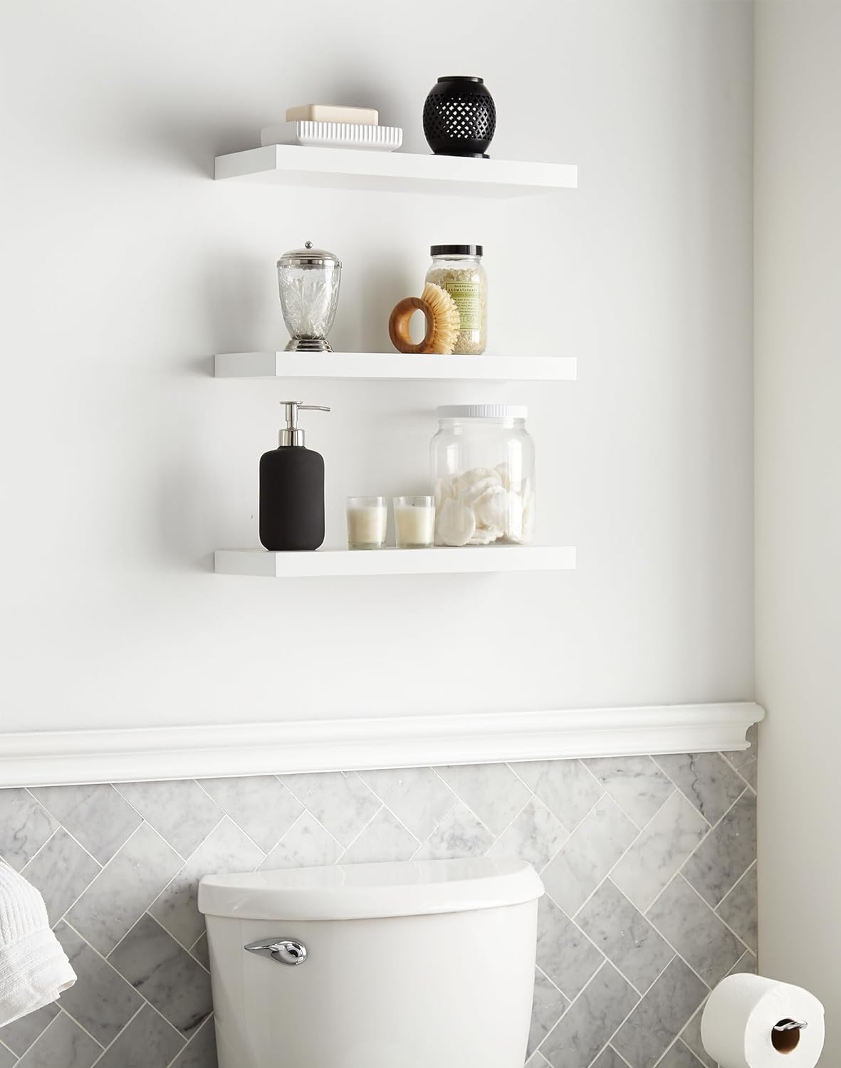 Floating Shelves, Wall Mounted Rustic Wood Shelves for Bathroom, Bedroom, Living Room, Kitchen, Small Hanging Shelf for Books/Storage/Room Decor with 22Lbs Capacity (White, Set of 3, 16In)