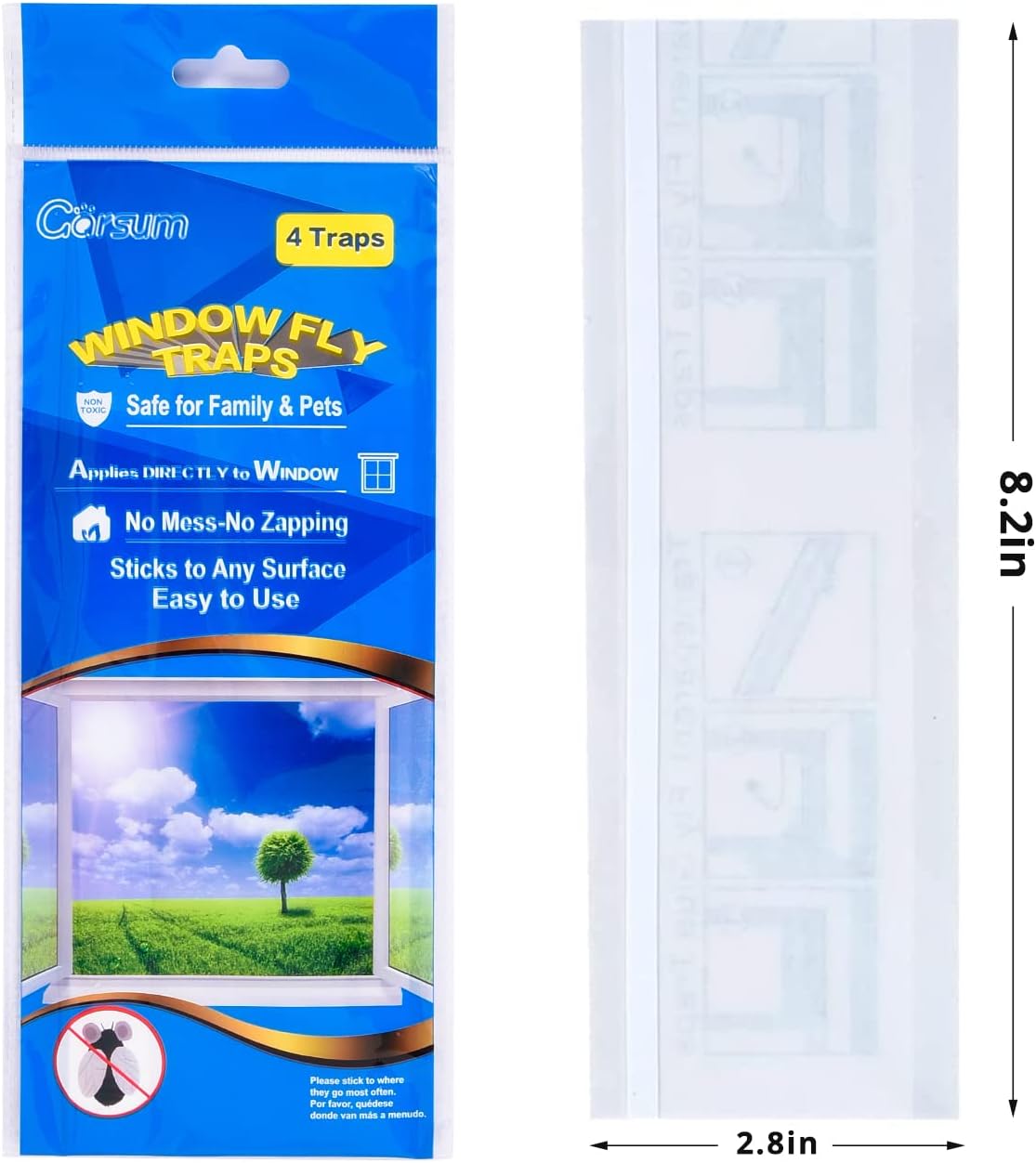 Window Fly Traps Indoor, Fly Paper Bug Sticky Strips, House Fly Killer Window Decal Non-Toxic,4 Piece per Pack Total 12 Pices