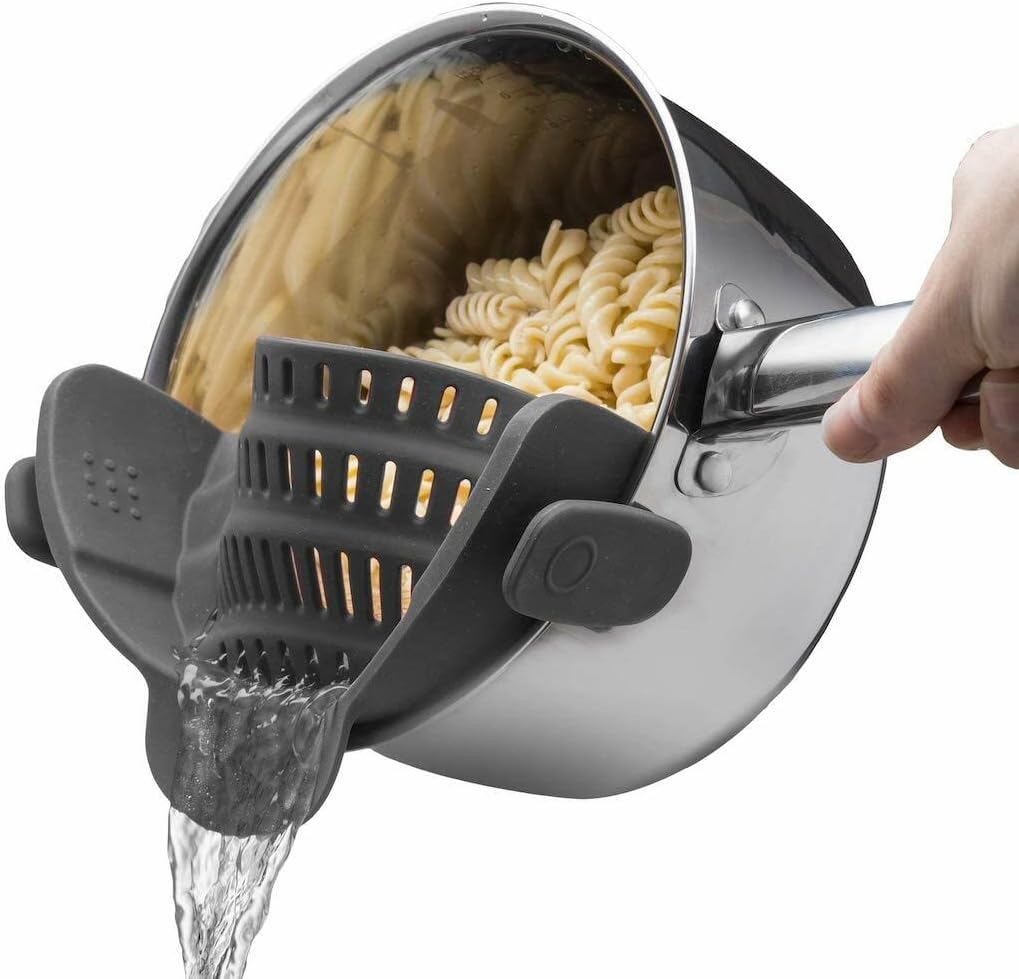 Snap N Strain Pot Strainer and Pasta Strainer - Adjustable Silicone Clip on Strainer for Pots, Pans, and Bowls - Kitchen Colander, Kitchen Gadgets, Noodle Strainer, Food Strainer - Gray