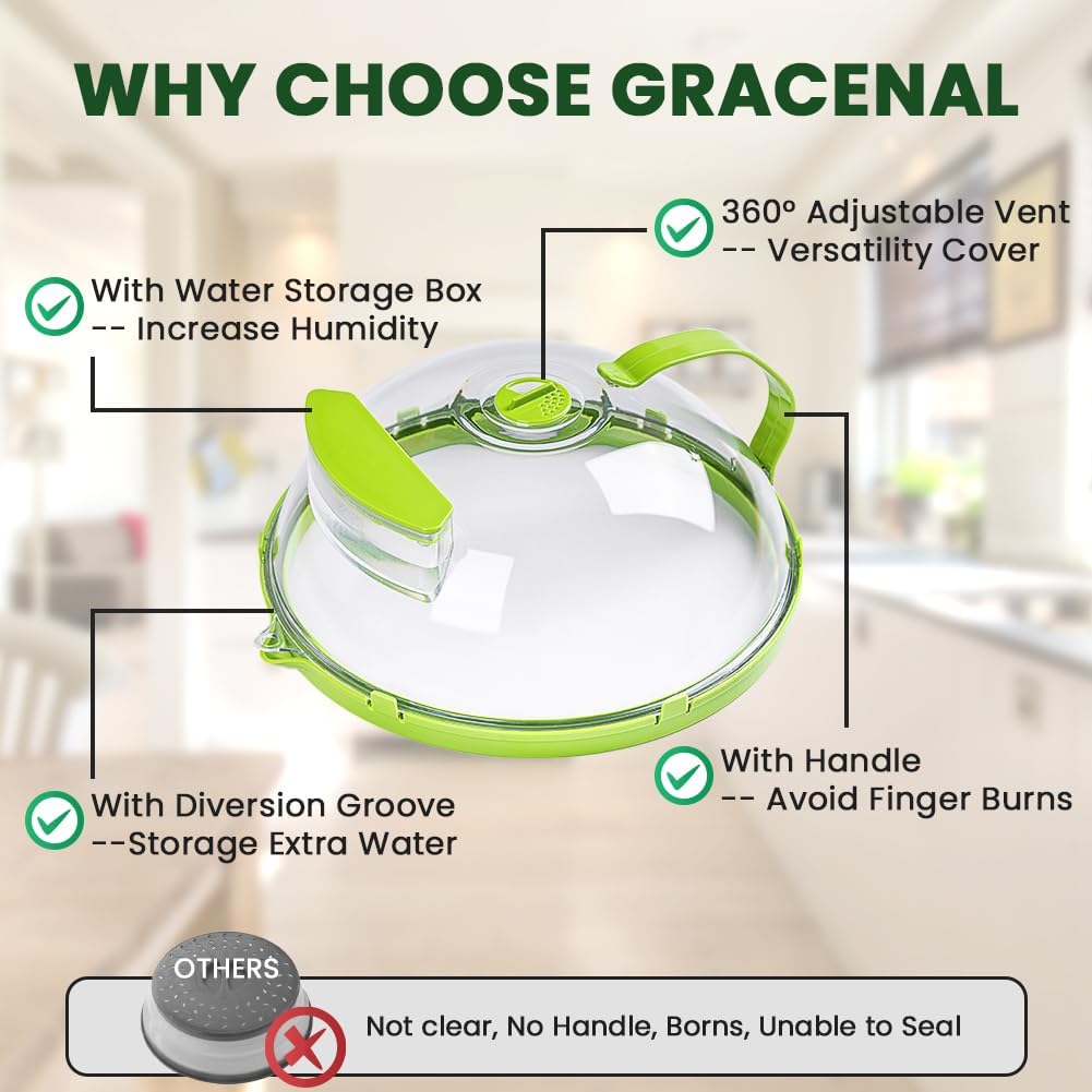 Microwave Cover for Food, Clear Microwave Splatter Cover with Handle and Water Storage Box, 10 Inch Plate Covers, Kitchen Gadgets and Accessories, House Essentials for New Home Gifts, Green