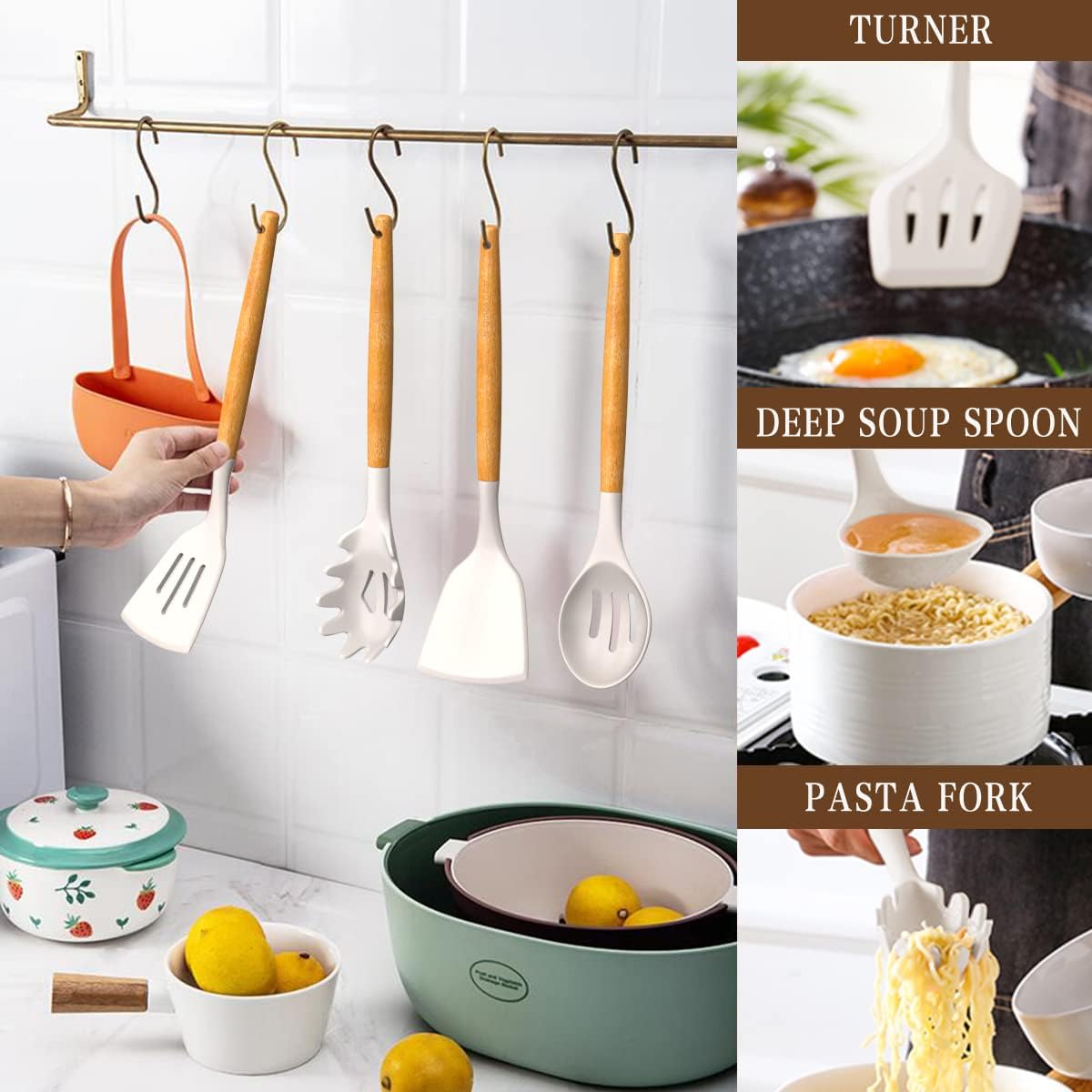 Kitchen Cooking Utensils Set, 33 Pcs Non-Stick Silicone Cooking Kitchen Utensils Spatula Set with Holder, Wooden Handle Silicone Kitchen Gadgets Utensil Set (Khaki)