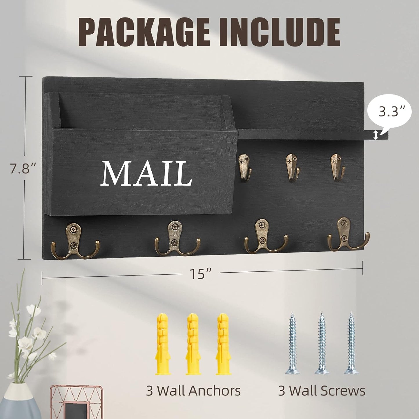 Key Holder for Wall, Mail and Key Hanger Wall Mount with Double Key Hook and Hat Coat Rack Shelf Decor,Key Organizer Suitable for Entryway, Hallway, Dog Leashes,House and Living Room, Black