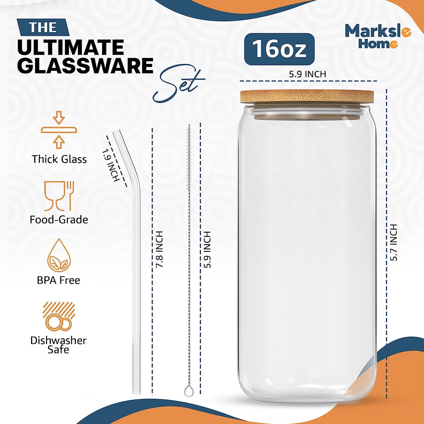 Glass Cups - Glass Cups with Lids and Straws - 16Oz Iced Coffee Cup 4Pcs Set - Glass Tumbler with Straw and Lid - Glass Coffee Cups - Ice Coffee Cup - Glass Cups with Bamboo Lids