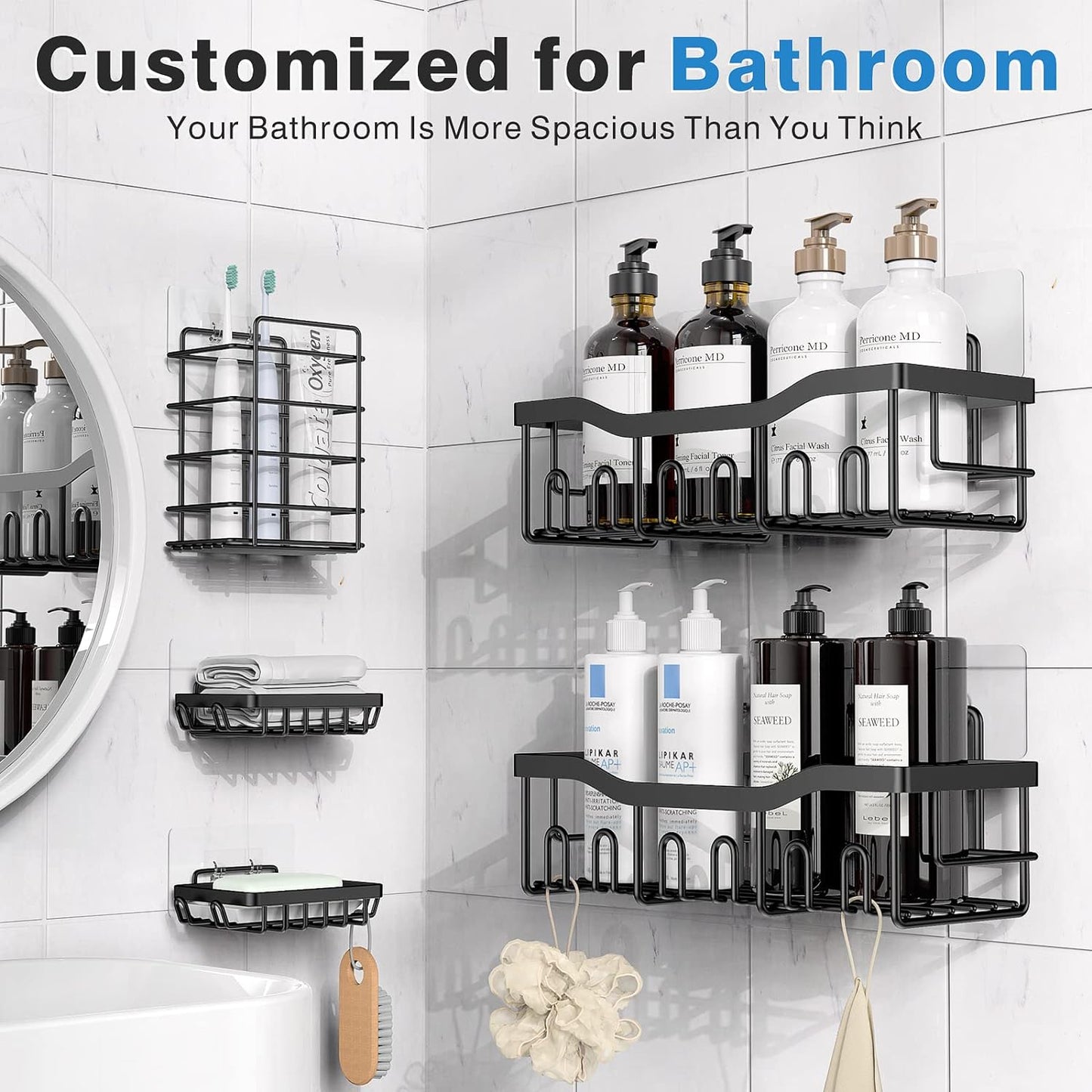 Shower Caddy 5 Pack,Adhesive Shower Organizer for Bathroom Storage&Home Decor&Kitchen,No Drilling,Large Capacity,Rustproof Stainless Steel Bathroom Organizer,Shower Shelves for inside Shower