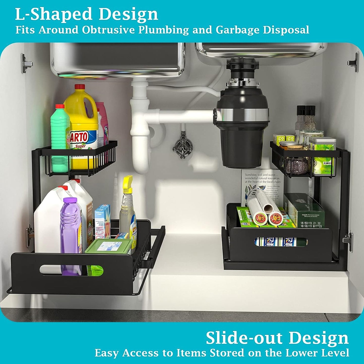 Under Sink Organizer and Storage, 2 Pack Pull Out Cabinet Organizer Slide Out Sink Shelf Cabinet Storage Shelves, under Sink Storage for Kitchen Bathroom Cabinet