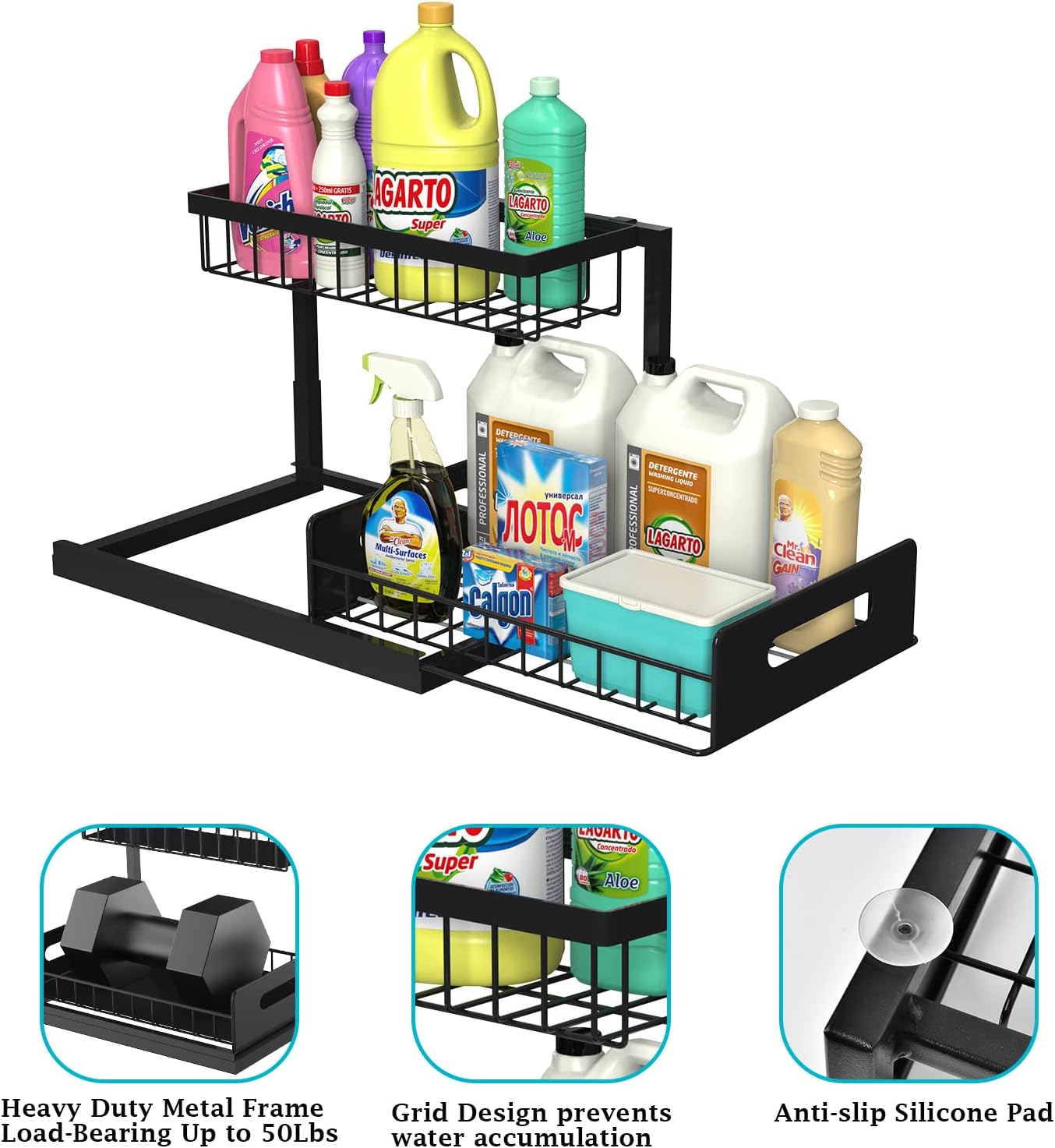 Under Sink Organizer and Storage, 2 Pack Pull Out Cabinet Organizer Slide Out Sink Shelf Cabinet Storage Shelves, under Sink Storage for Kitchen Bathroom Cabinet