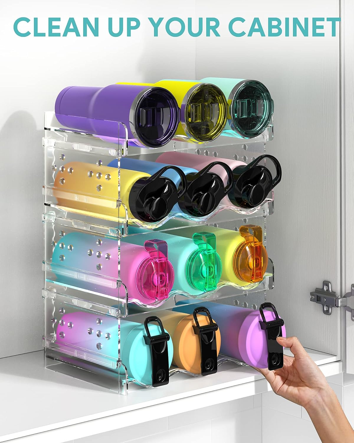 Water Bottle Organizer - 4 Pack Stackable Cup Organizer for Cabinet, Countertop, Pantry and Fridge, Free-Standing Tumbler Kitchen Storage Holder for Wine and Drink Bottles, Clear Plastic