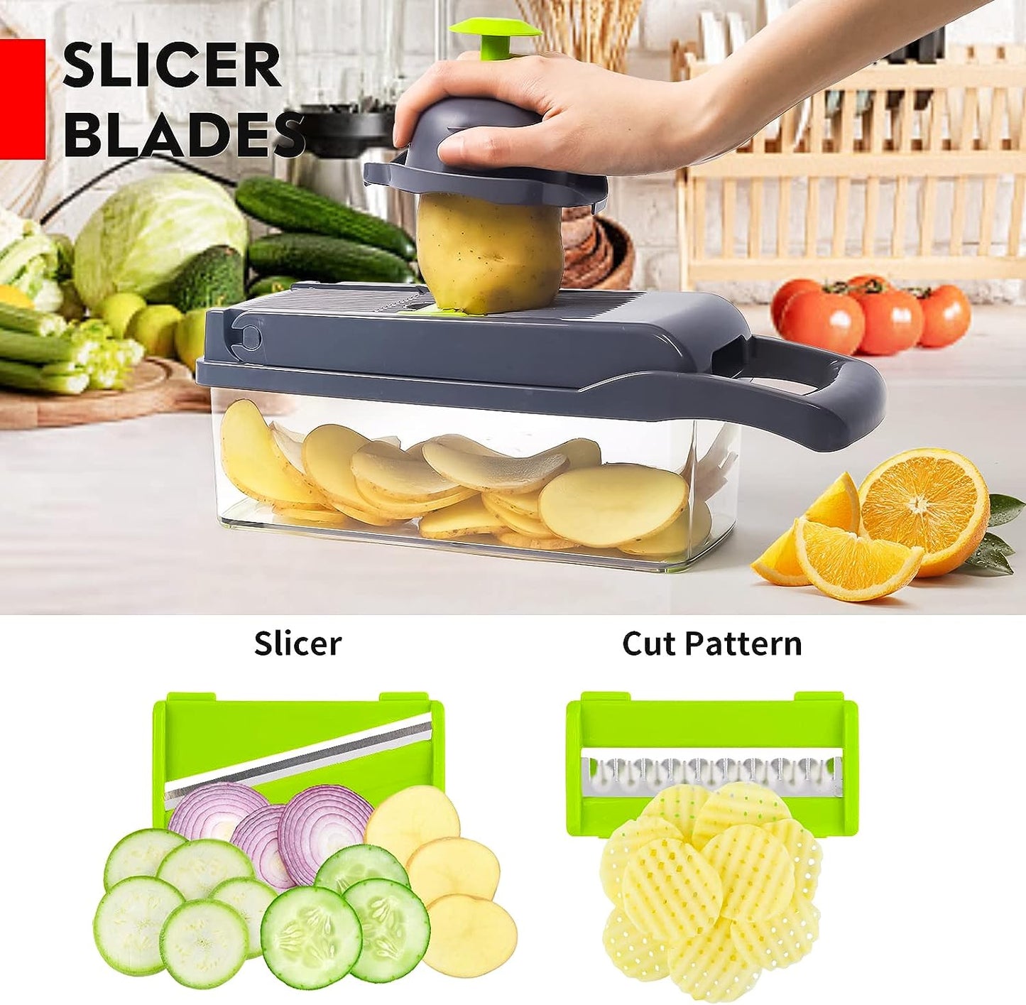 Vegetable Chopper, Pro Onion Chopper, Multifunctional 13 in 1 Food Chopper, Kitchen Vegetable Slicer Dicer Cutter,Veggie Chopper with 8 Blades,Carrot and Garlic Chopper with Container