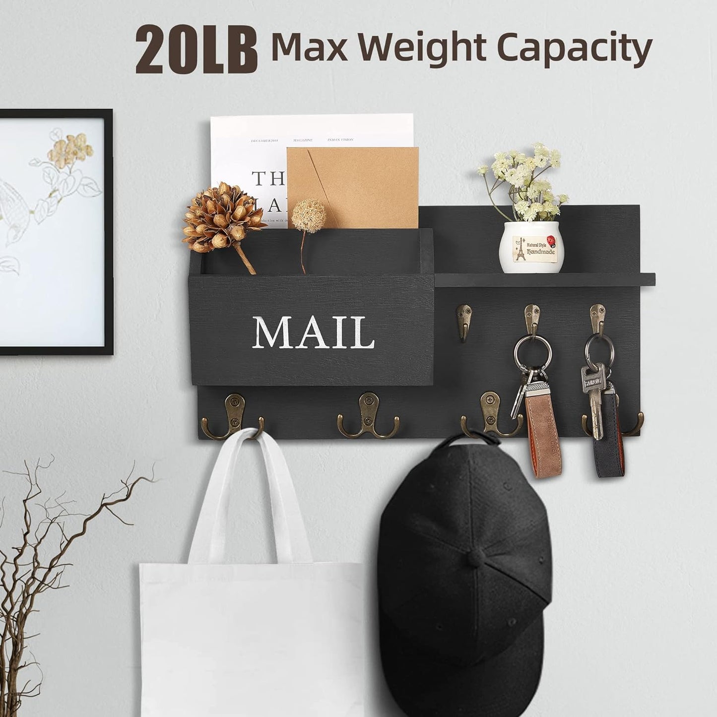 Key Holder for Wall, Mail and Key Hanger Wall Mount with Double Key Hook and Hat Coat Rack Shelf Decor,Key Organizer Suitable for Entryway, Hallway, Dog Leashes,House and Living Room, Black