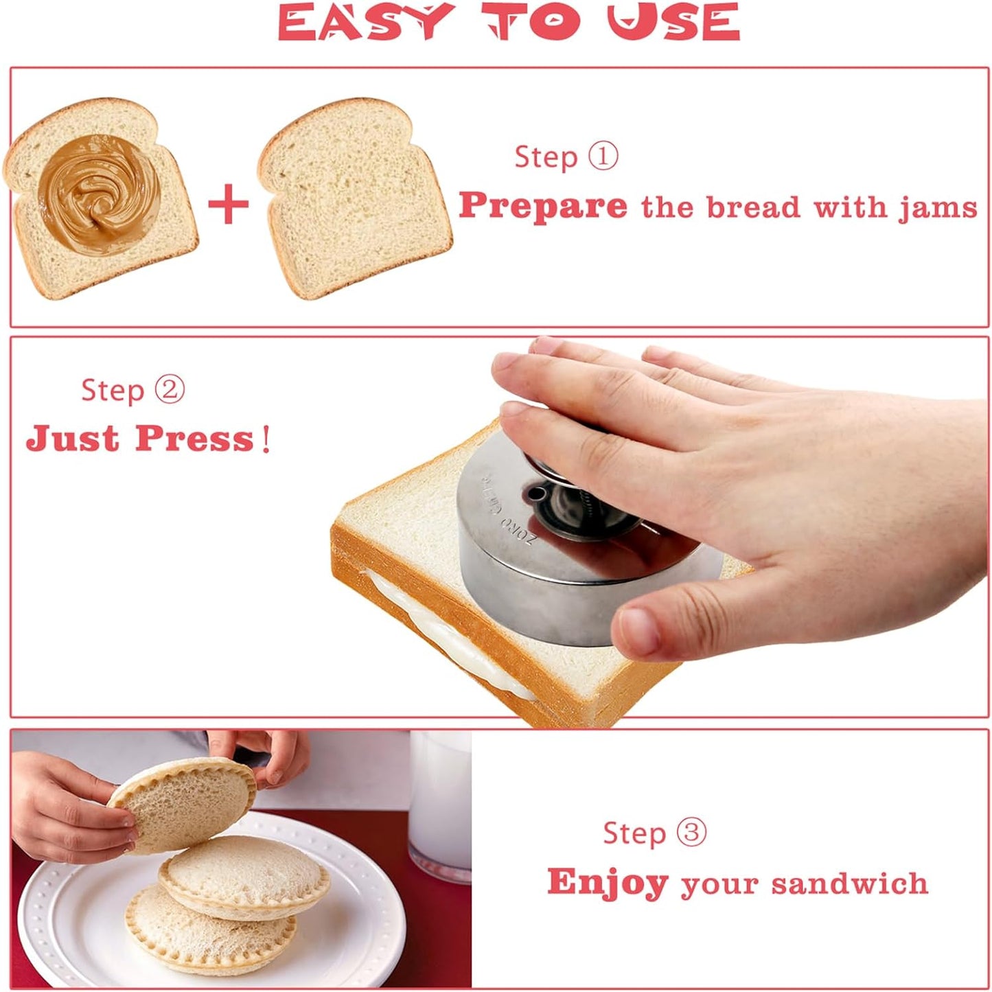 Sandwich Sealer, Sandwich Cutter and Sealer, Food-Grade 304 Stainless Steel 3.5Inch Sandwich Cutter,Uncrustables Peanut Butter and Jelly Sandwiches Tool/Pbj Cutter, Uncrustable Sandwich Maker for Kids