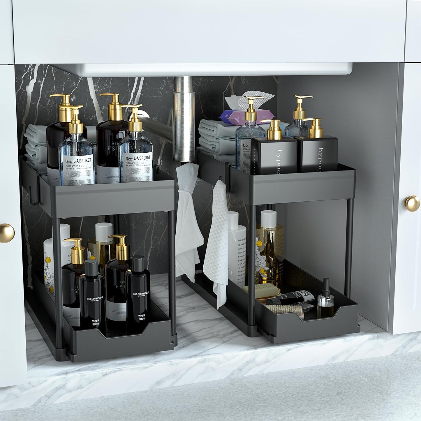 under Sink Organizer 2 Pack,Bathroom Cabinet Organizer,2 Tier Sliding Cabinet Basket Organizer Drawer, Multi-Purpose Bath Collection Baskets for Bathroom (Black)