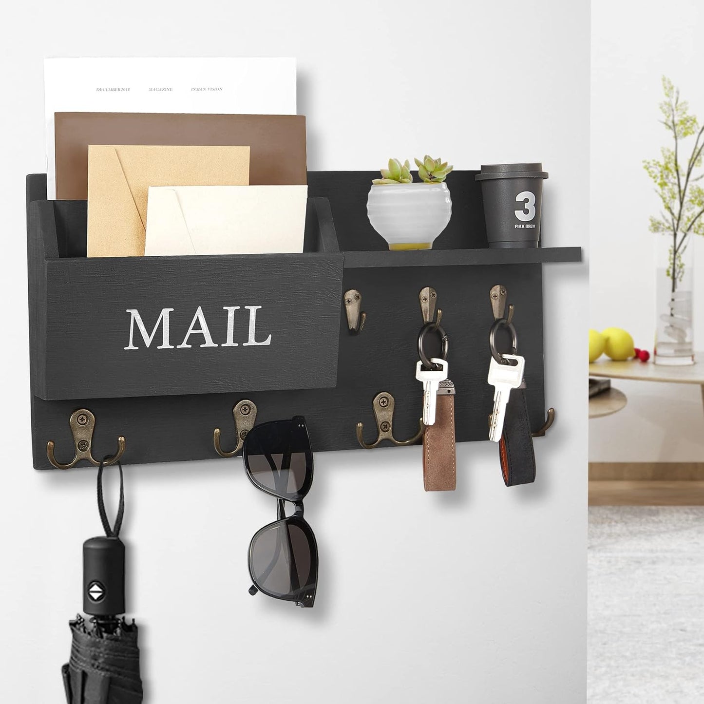 Key Holder for Wall, Mail and Key Hanger Wall Mount with Double Key Hook and Hat Coat Rack Shelf Decor,Key Organizer Suitable for Entryway, Hallway, Dog Leashes,House and Living Room, Black