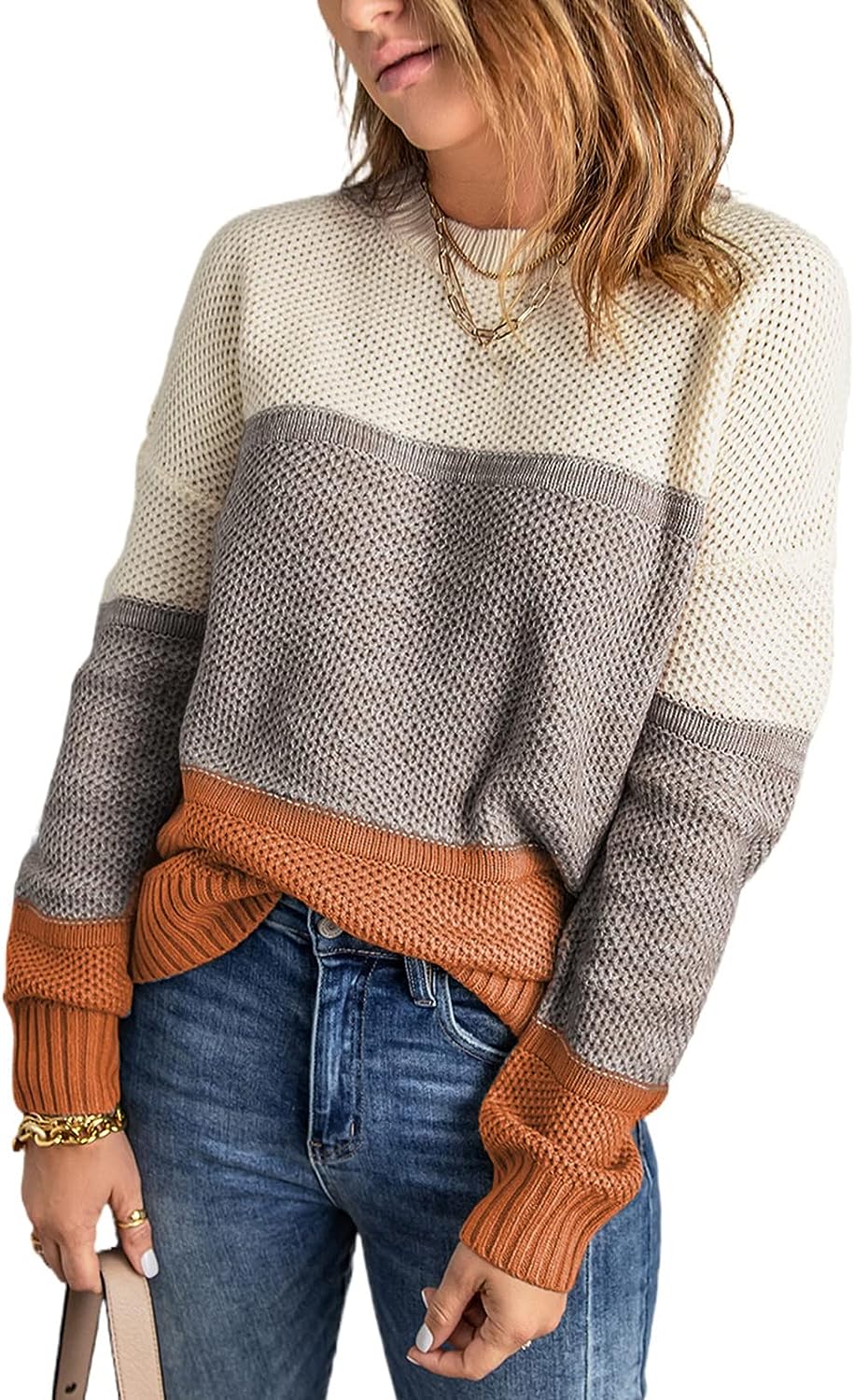 Womens Color Block Sweaters Long Sleeve Crewneck Pullover Knit Jumper Tops