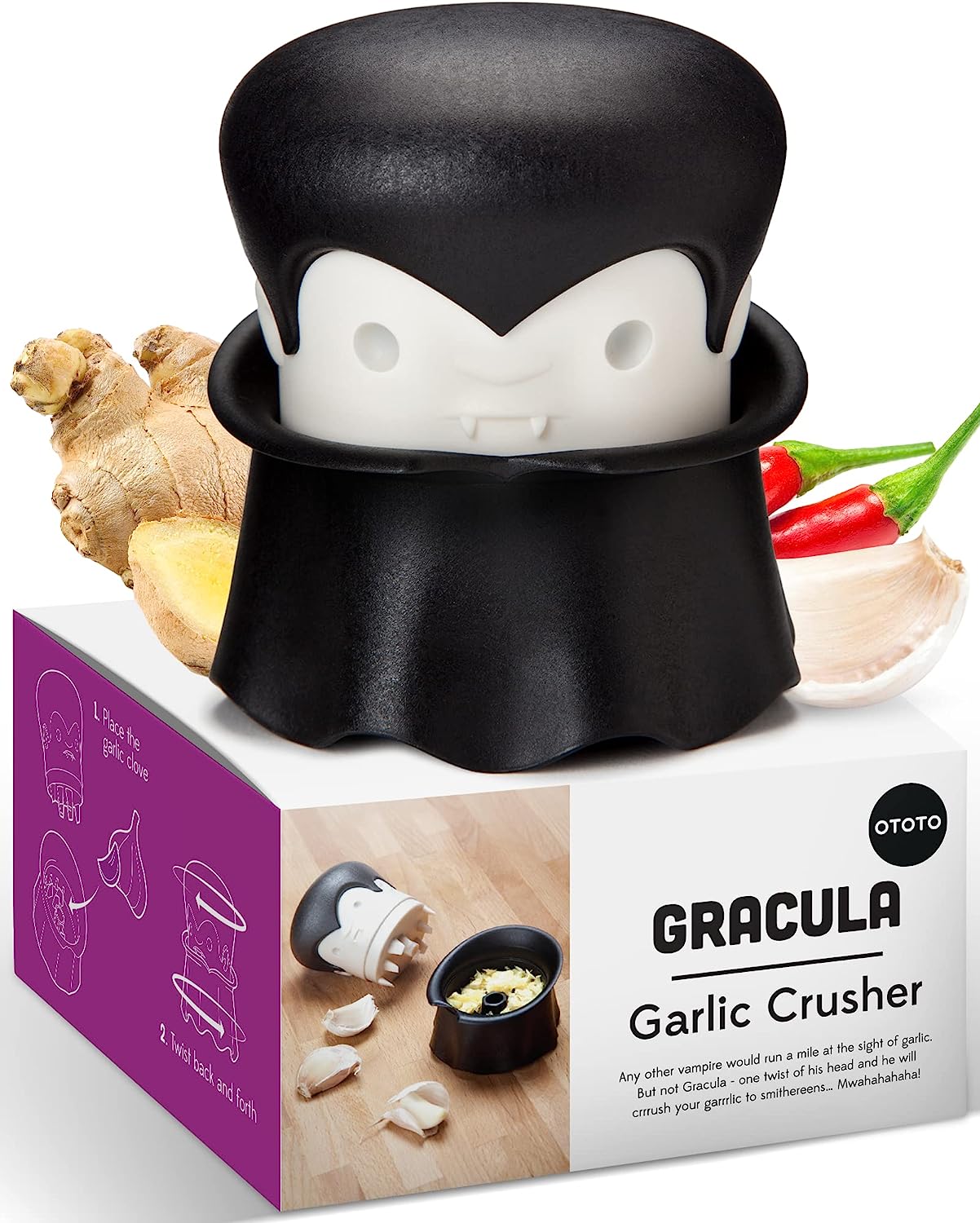 Gracula Garlic Crusher Also for Ginger, Nuts, Chili, Herbs - Twist Top Mincer & Easy Squeeze Manual Press Peeler Bpa-Free Cool Kitchen Gadgets Clean by Hand Wash Only