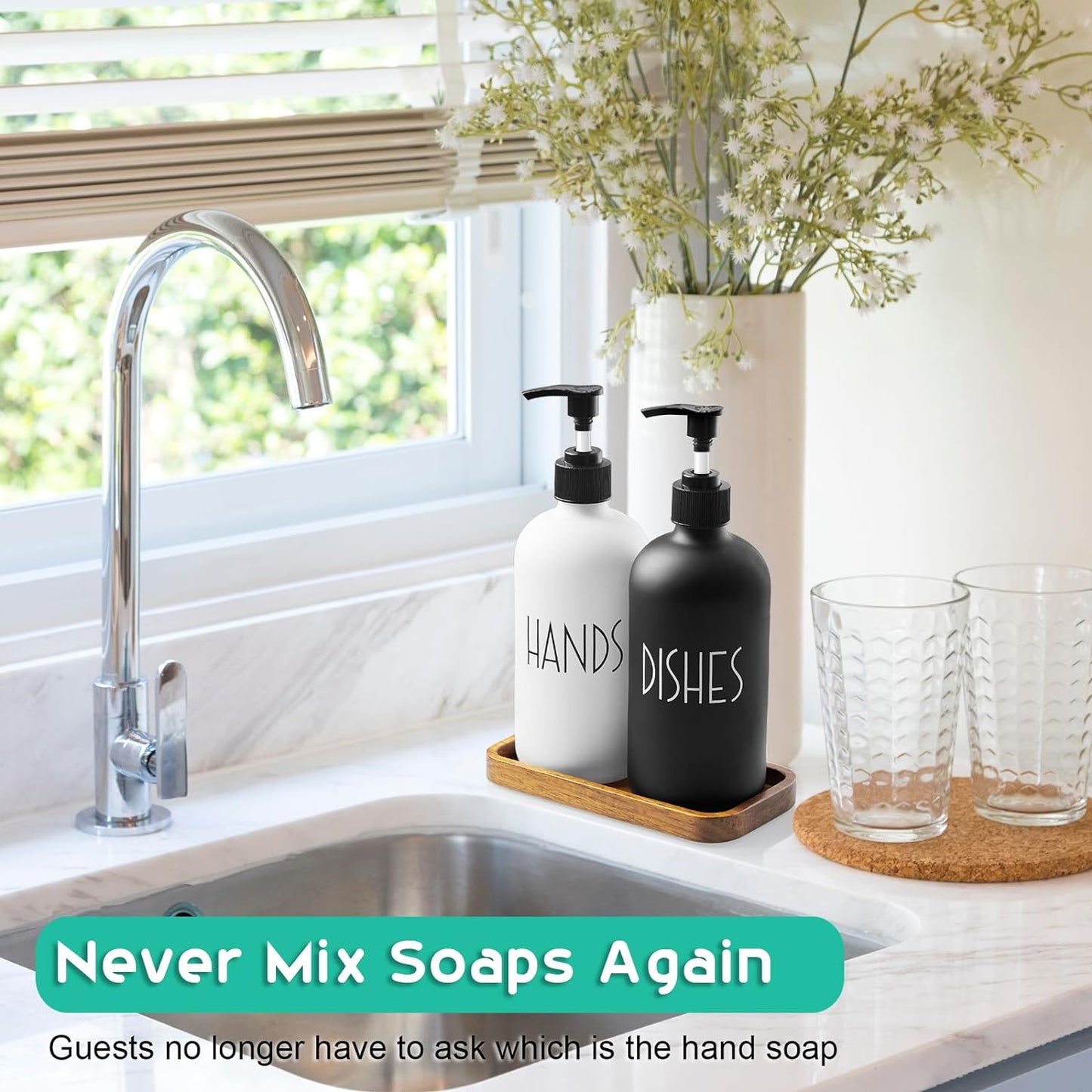 Glass Dish Soap Dispenser for Kitchen - 16 OZ Hand Soap Dispenser Set with Pump and Acacia Wood Tray - Black White Modern Farmhouse Kitchen Bathroom Decor and Accessories