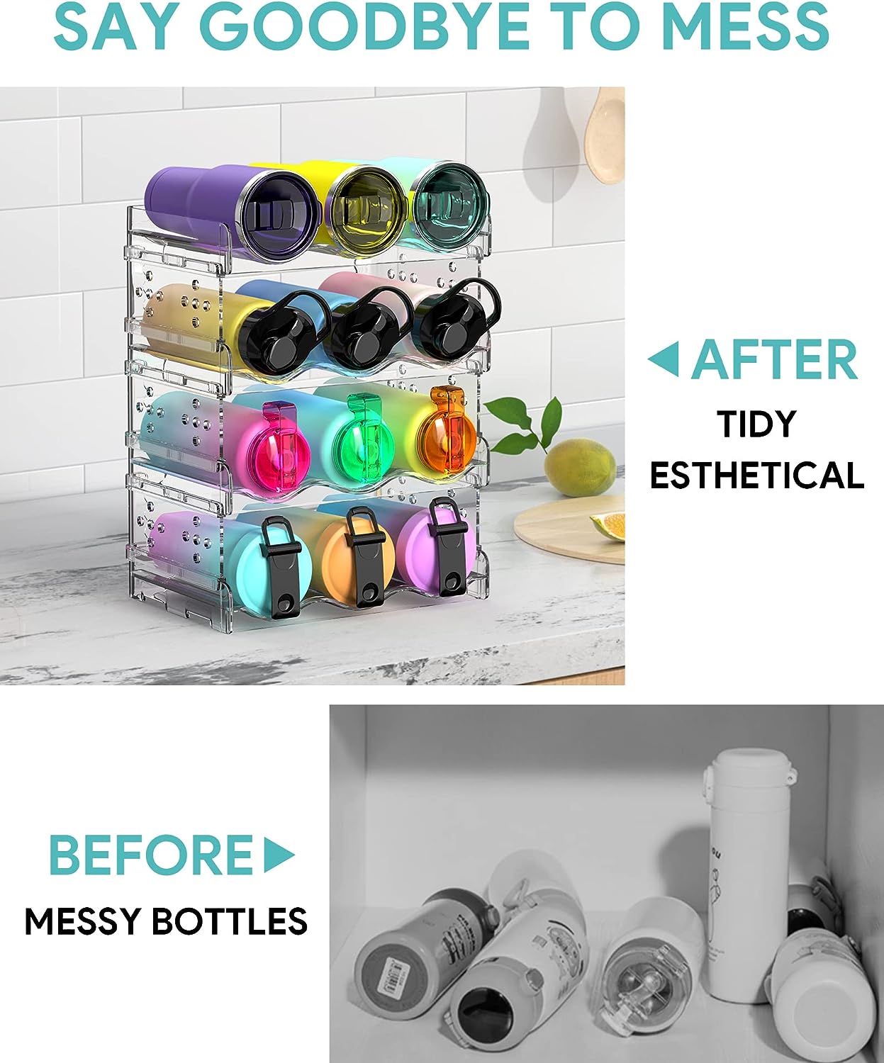 Water Bottle Organizer - 4 Pack Stackable Cup Organizer for Cabinet, Countertop, Pantry and Fridge, Free-Standing Tumbler Kitchen Storage Holder for Wine and Drink Bottles, Clear Plastic