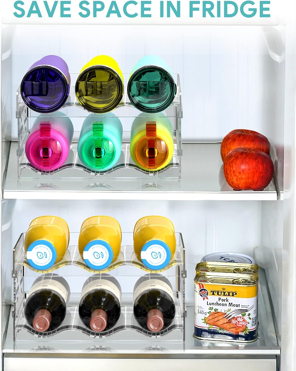 Water Bottle Organizer - 4 Pack Stackable Cup Organizer for Cabinet, Countertop, Pantry and Fridge, Free-Standing Tumbler Kitchen Storage Holder for Wine and Drink Bottles, Clear Plastic