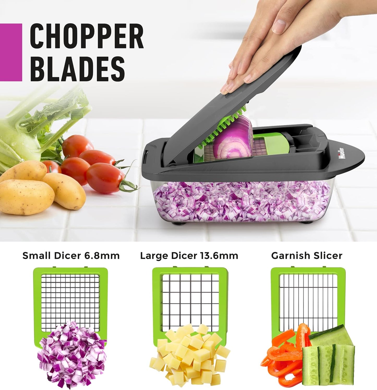 Mueller Pro-Series 10-In-1, 8 Blade Vegetable Chopper, Onion Mincer, Cutter, Dicer, Egg Slicer with Container