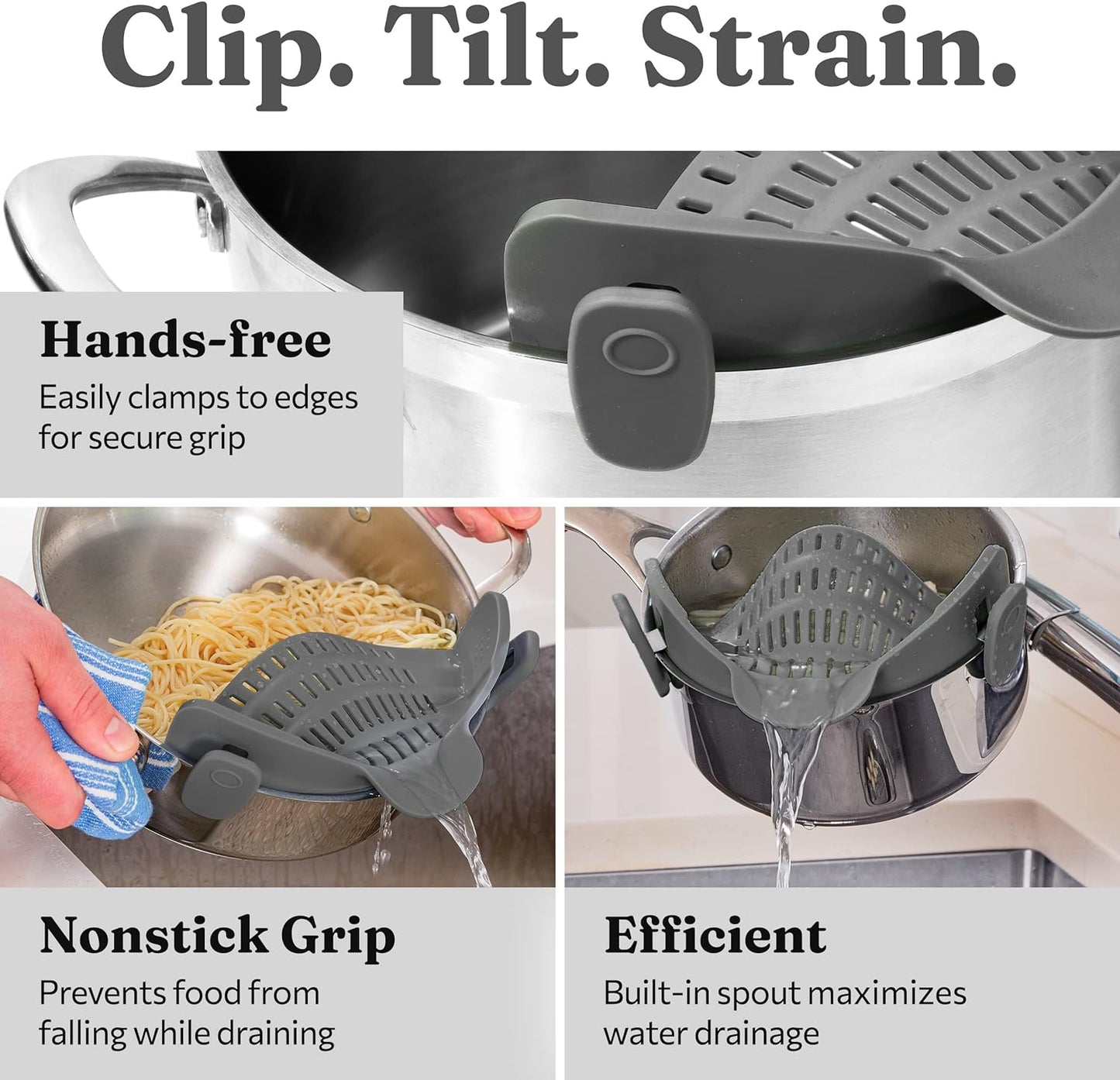 Snap N Strain Pot Strainer and Pasta Strainer - Adjustable Silicone Clip on Strainer for Pots, Pans, and Bowls - Kitchen Colander, Kitchen Gadgets, Noodle Strainer, Food Strainer - Gray