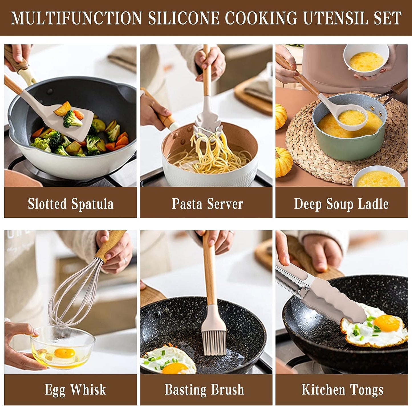 Kitchen Cooking Utensils Set, 33 Pcs Non-Stick Silicone Cooking Kitchen Utensils Spatula Set with Holder, Wooden Handle Silicone Kitchen Gadgets Utensil Set (Khaki)
