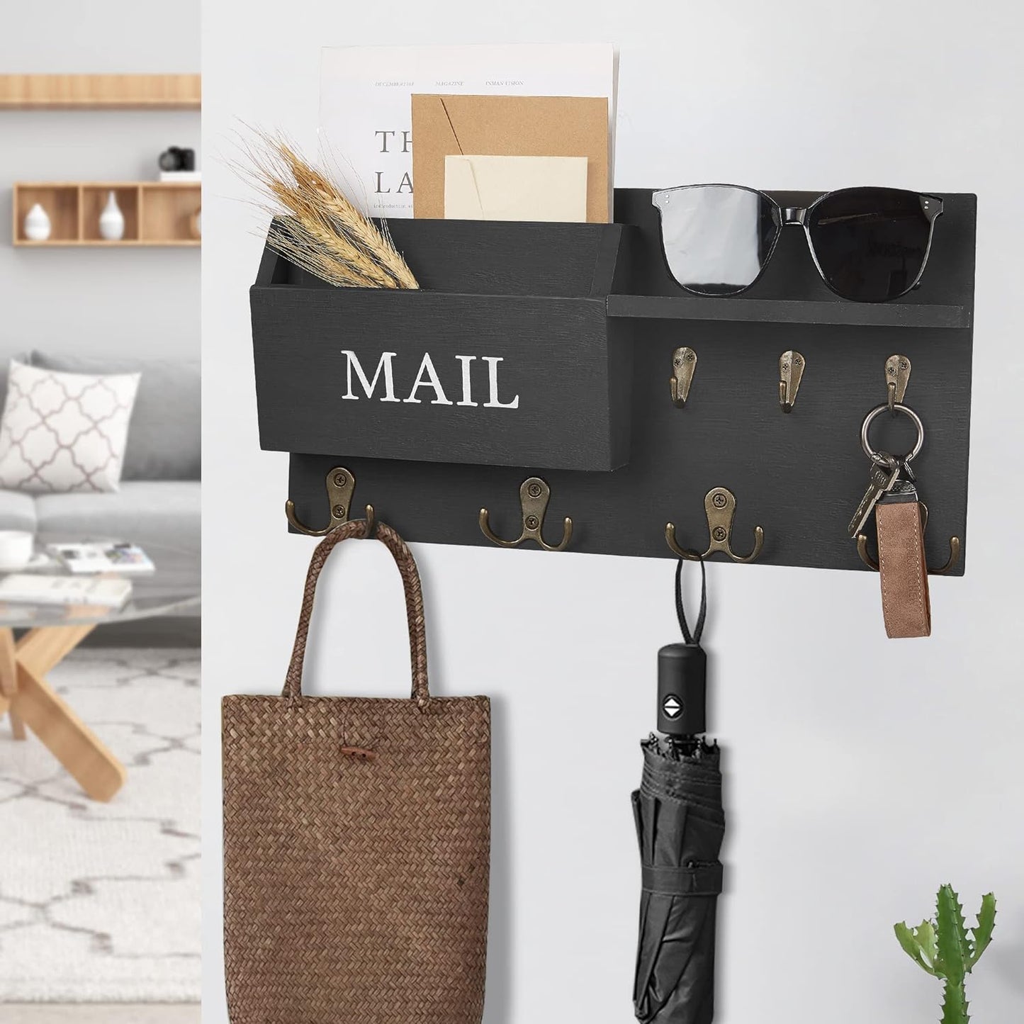 Key Holder for Wall, Mail and Key Hanger Wall Mount with Double Key Hook and Hat Coat Rack Shelf Decor,Key Organizer Suitable for Entryway, Hallway, Dog Leashes,House and Living Room, Black