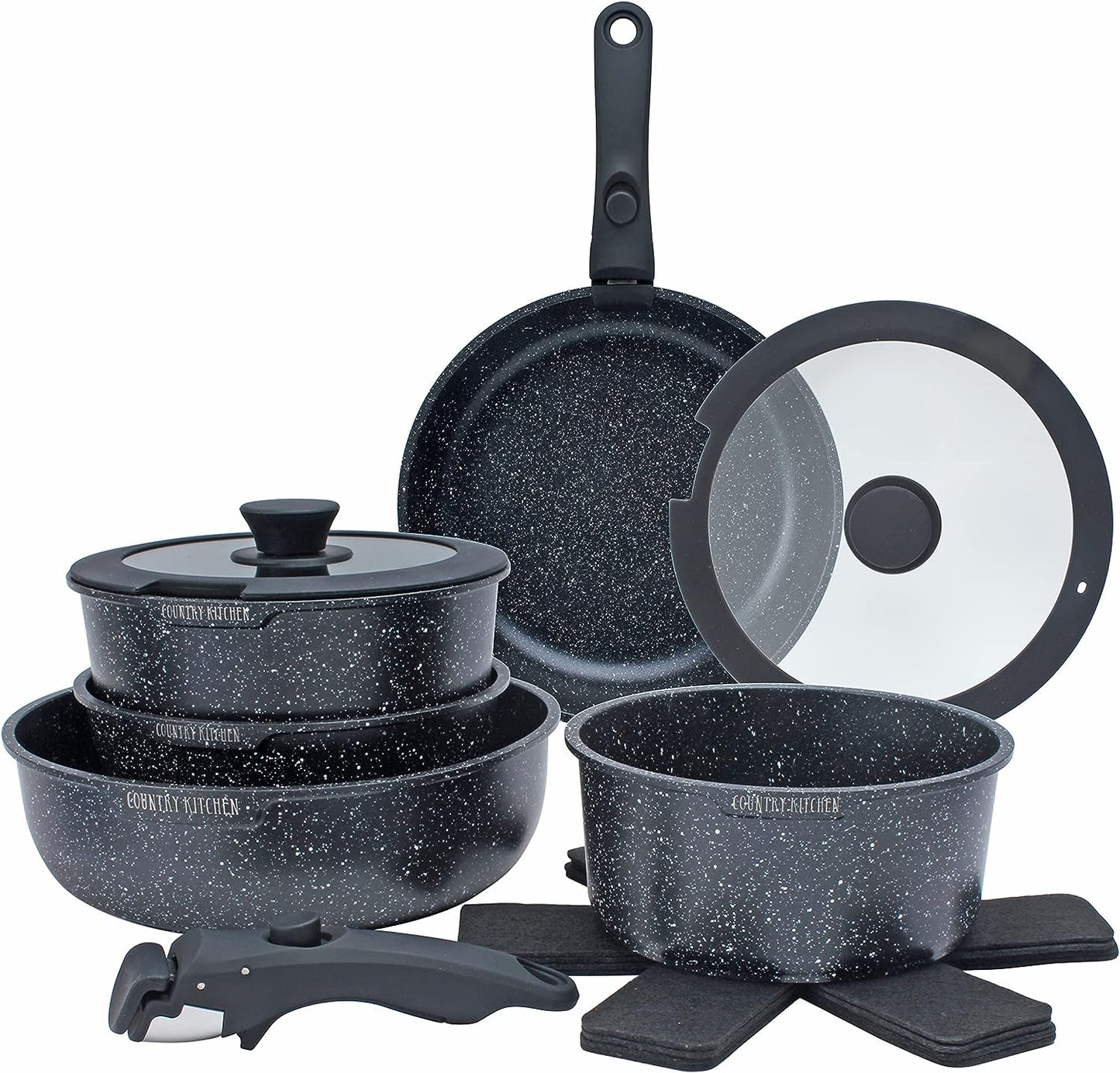 Country Kitchen 13 Piece Pots and Pans Set - Safe Nonstick Kitchen Cookware with Removable Handle, RV Cookware Set, Oven Safe (Black)