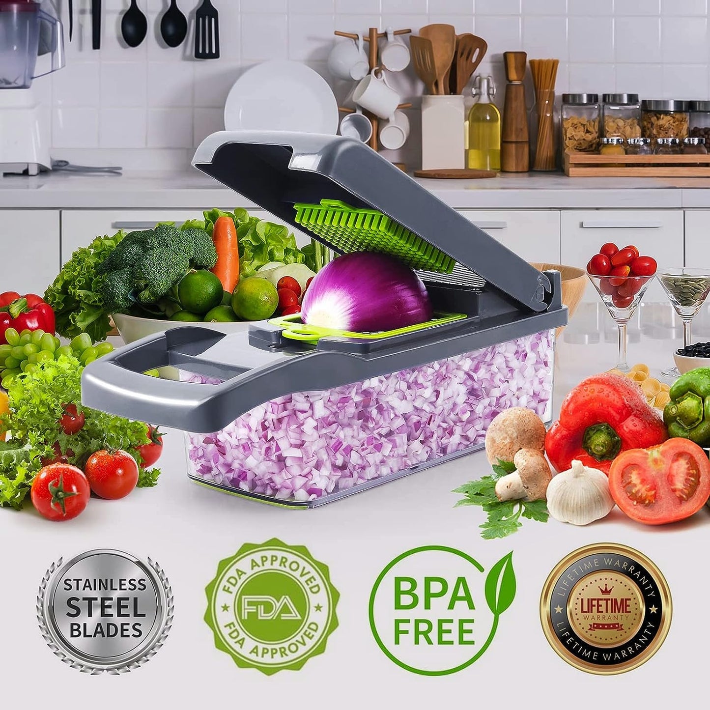 Vegetable Chopper, Pro Onion Chopper, Multifunctional 13 in 1 Food Chopper, Kitchen Vegetable Slicer Dicer Cutter,Veggie Chopper with 8 Blades,Carrot and Garlic Chopper with Container