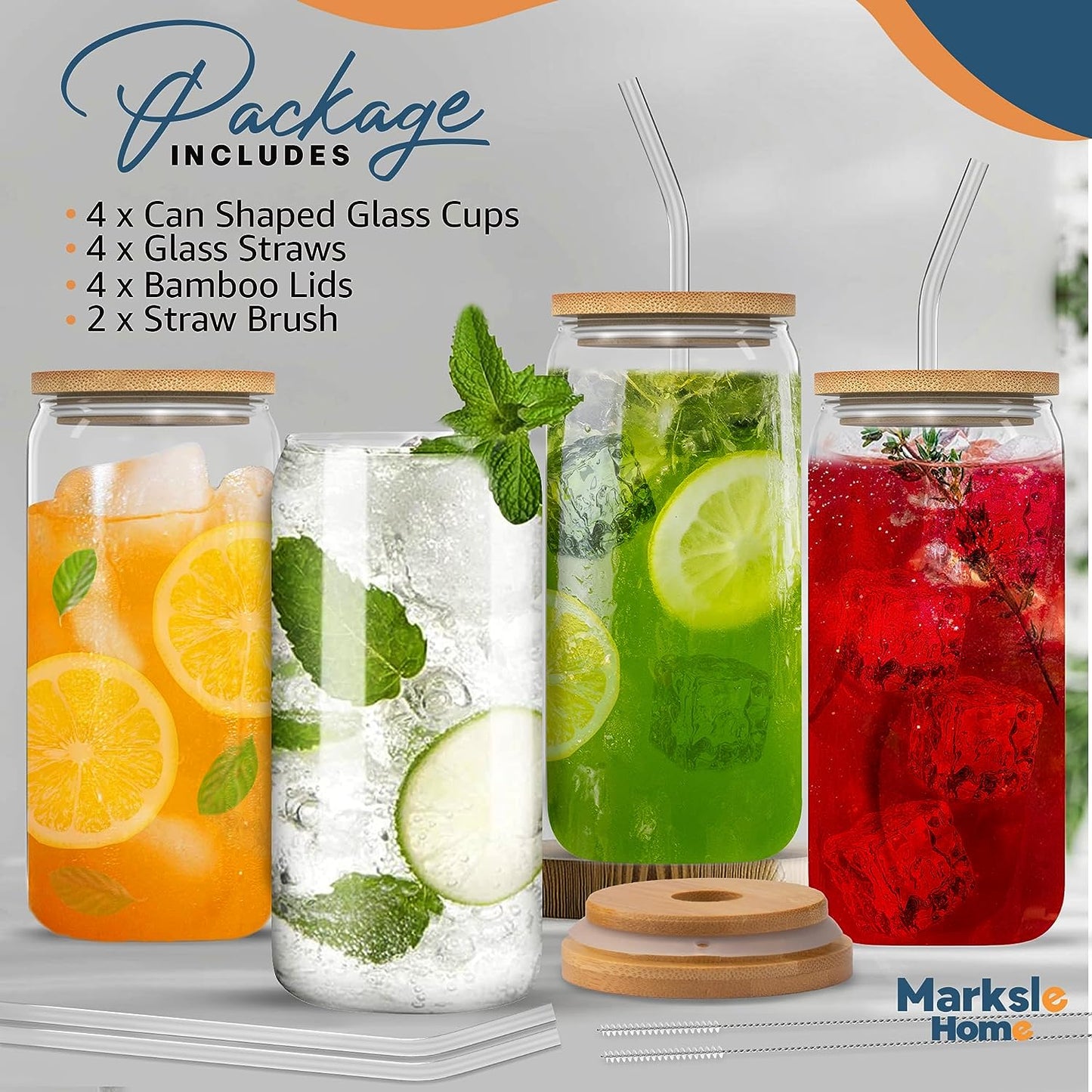 Glass Cups - Glass Cups with Lids and Straws - 16Oz Iced Coffee Cup 4Pcs Set - Glass Tumbler with Straw and Lid - Glass Coffee Cups - Ice Coffee Cup - Glass Cups with Bamboo Lids