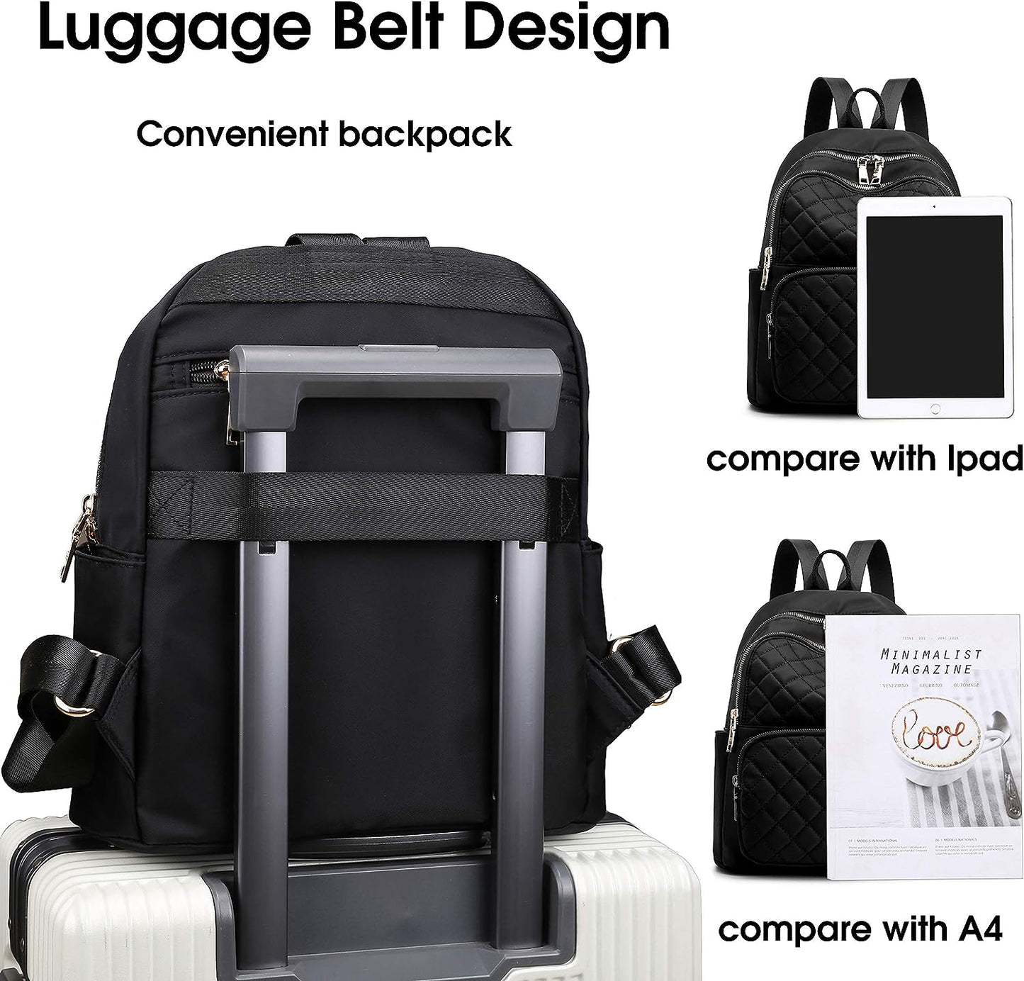 Gazigo Backpack for Women, Nylon Travel Backpack Purse Black Shoulder Bag Small Casual Daypack for Womens(Black Quilted)