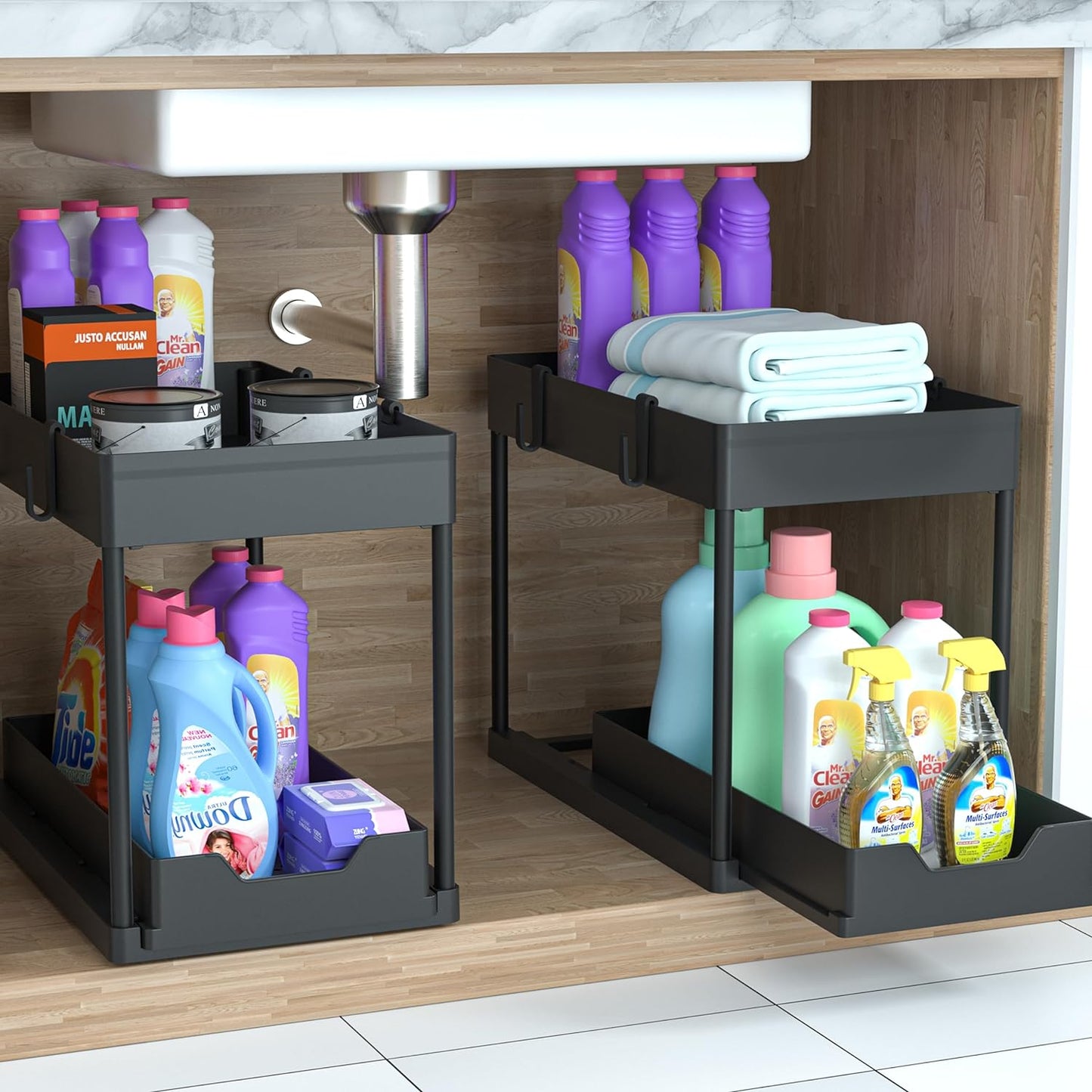 under Sink Organizer 2 Pack,Bathroom Cabinet Organizer,2 Tier Sliding Cabinet Basket Organizer Drawer, Multi-Purpose Bath Collection Baskets for Bathroom (Black)