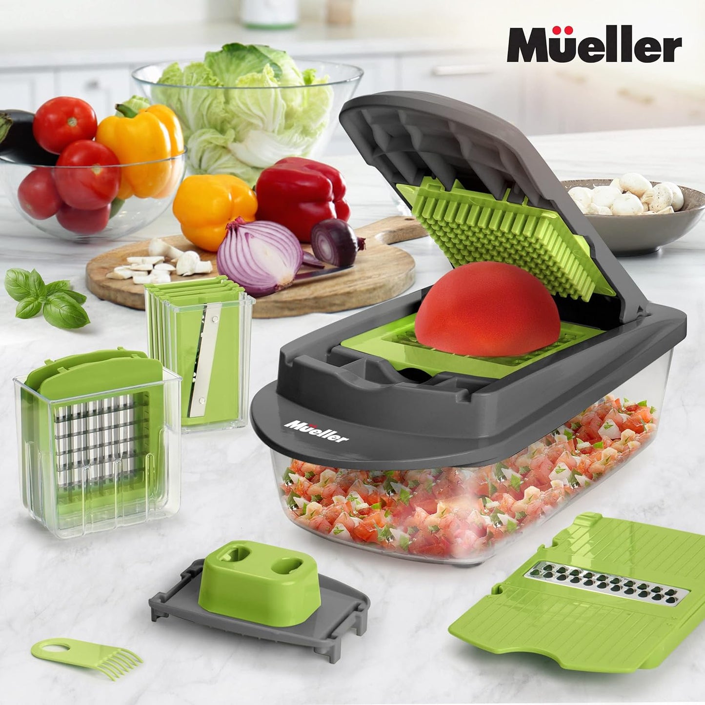 Mueller Pro-Series 10-In-1, 8 Blade Vegetable Chopper, Onion Mincer, Cutter, Dicer, Egg Slicer with Container
