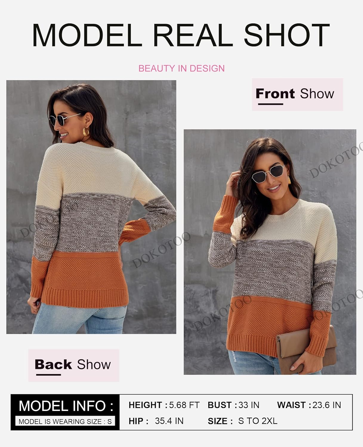 Womens Color Block Sweaters Long Sleeve Crewneck Pullover Knit Jumper Tops