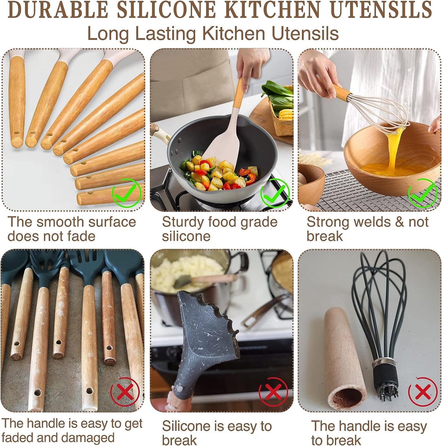 Kitchen Cooking Utensils Set, 33 Pcs Non-Stick Silicone Cooking Kitchen Utensils Spatula Set with Holder, Wooden Handle Silicone Kitchen Gadgets Utensil Set (Khaki)