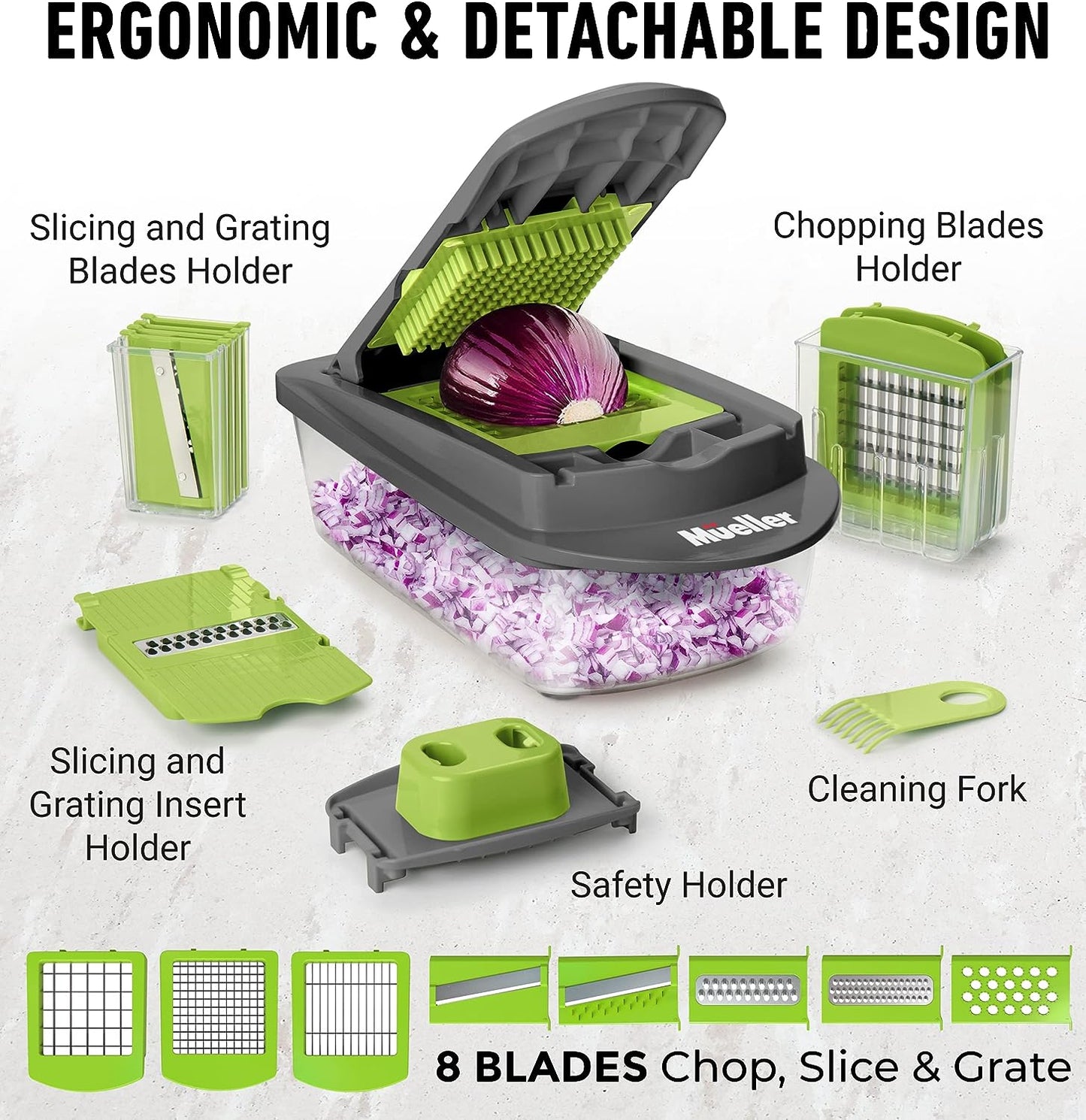 Mueller Pro-Series 10-In-1, 8 Blade Vegetable Chopper, Onion Mincer, Cutter, Dicer, Egg Slicer with Container