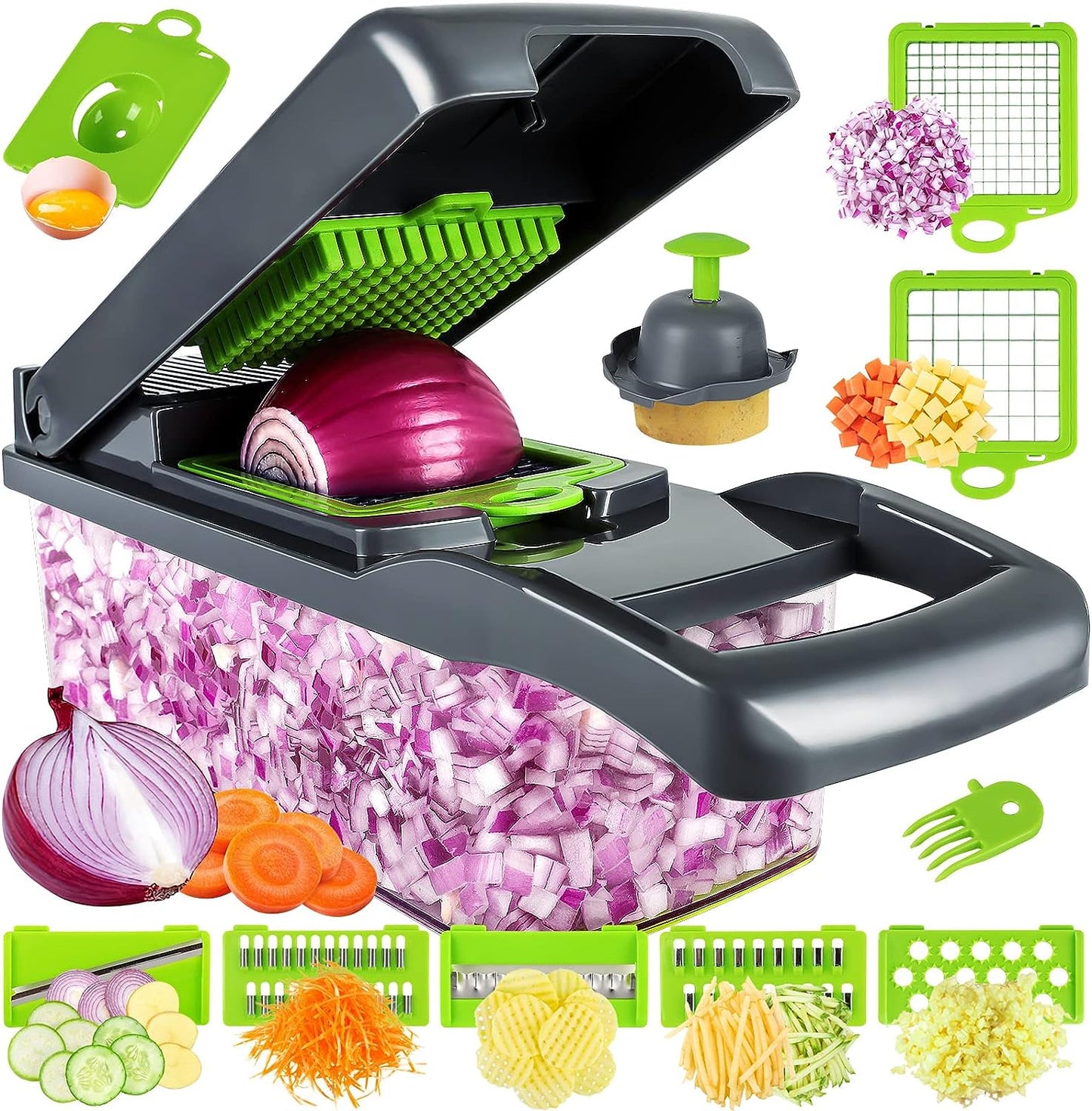 Vegetable Chopper, Pro Onion Chopper, Multifunctional 13 in 1 Food Chopper, Kitchen Vegetable Slicer Dicer Cutter,Veggie Chopper with 8 Blades,Carrot and Garlic Chopper with Container
