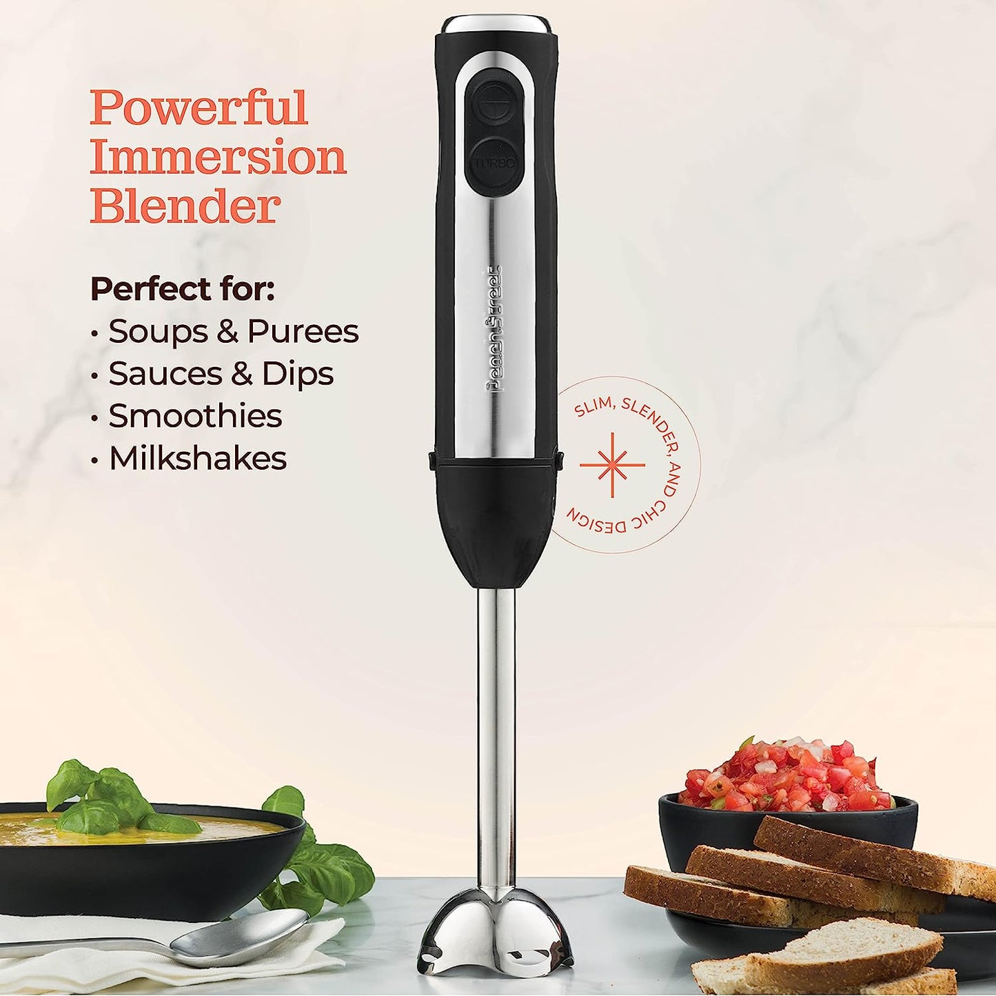 Powerful Immersion Blender, Electric Hand Blender 500 Watt with Turbo Mode, Detachable Base. Handheld Kitchen Gadget Blender Stick for Soup, Smoothie, Puree, Baby Food, 304 Stainless Steel Blades