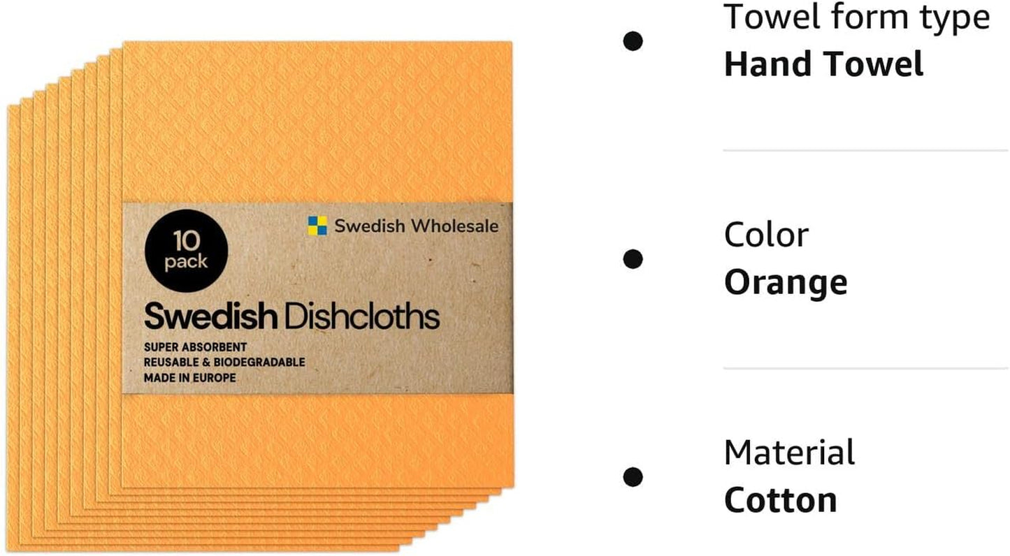 Swedish Dishcloths for Kitchen- 10 Pack Reusable Paper Towels Washable - Eco Friendly Cellulose Sponge Microfiber Dish Cloths - Kitchen Essentials - Orange