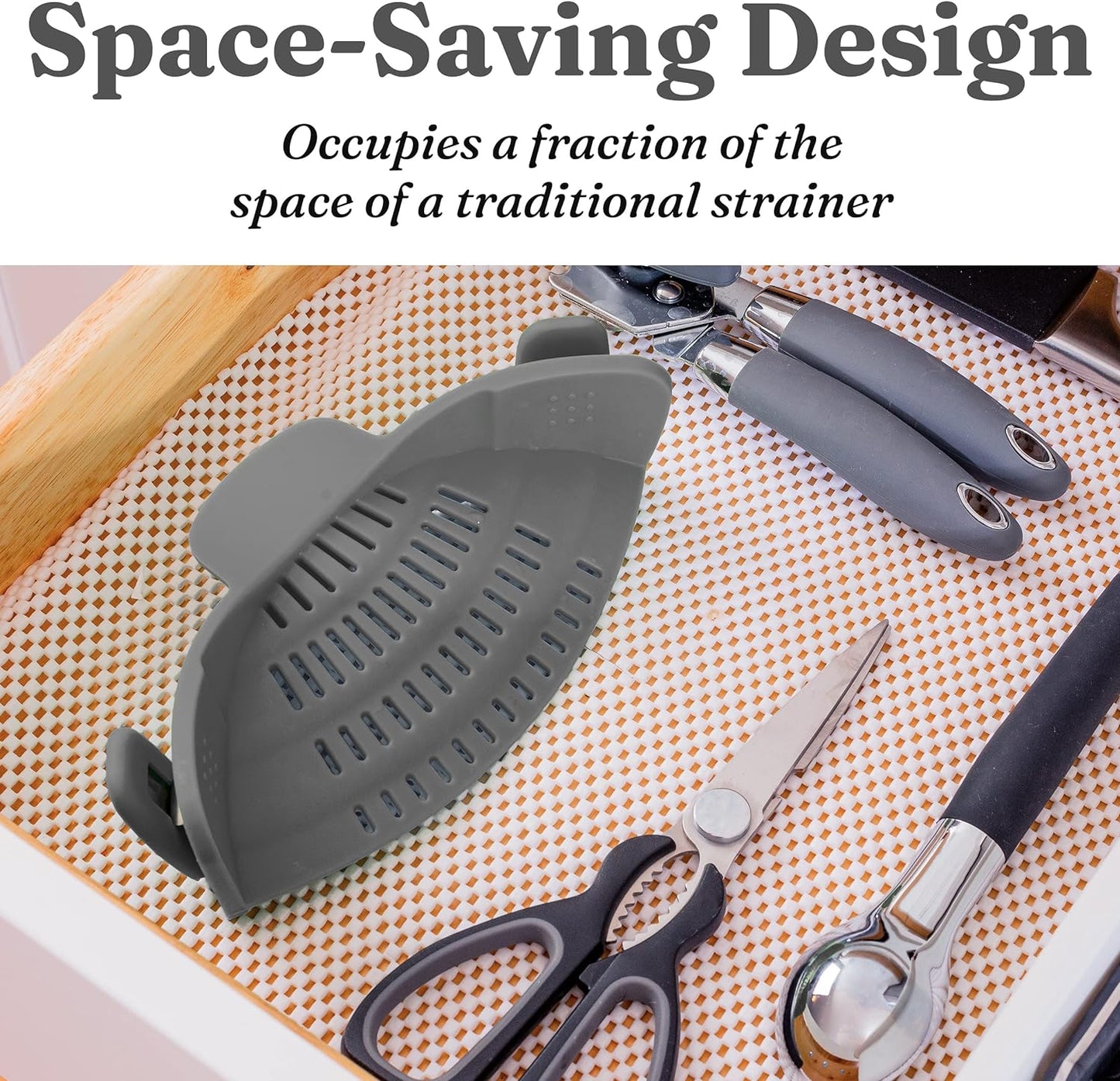 Snap N Strain Pot Strainer and Pasta Strainer - Adjustable Silicone Clip on Strainer for Pots, Pans, and Bowls - Kitchen Colander, Kitchen Gadgets, Noodle Strainer, Food Strainer - Gray
