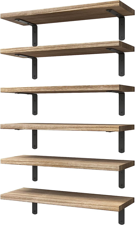 Floating Shelves Set of 6, Wood Floating Shelves for Wall Decor, Rustic Farmhouse Floating Shelves for Bedroom, Bathroom Shelves for Wall Storage, Book Shelves for Living Room-Rustic Brown