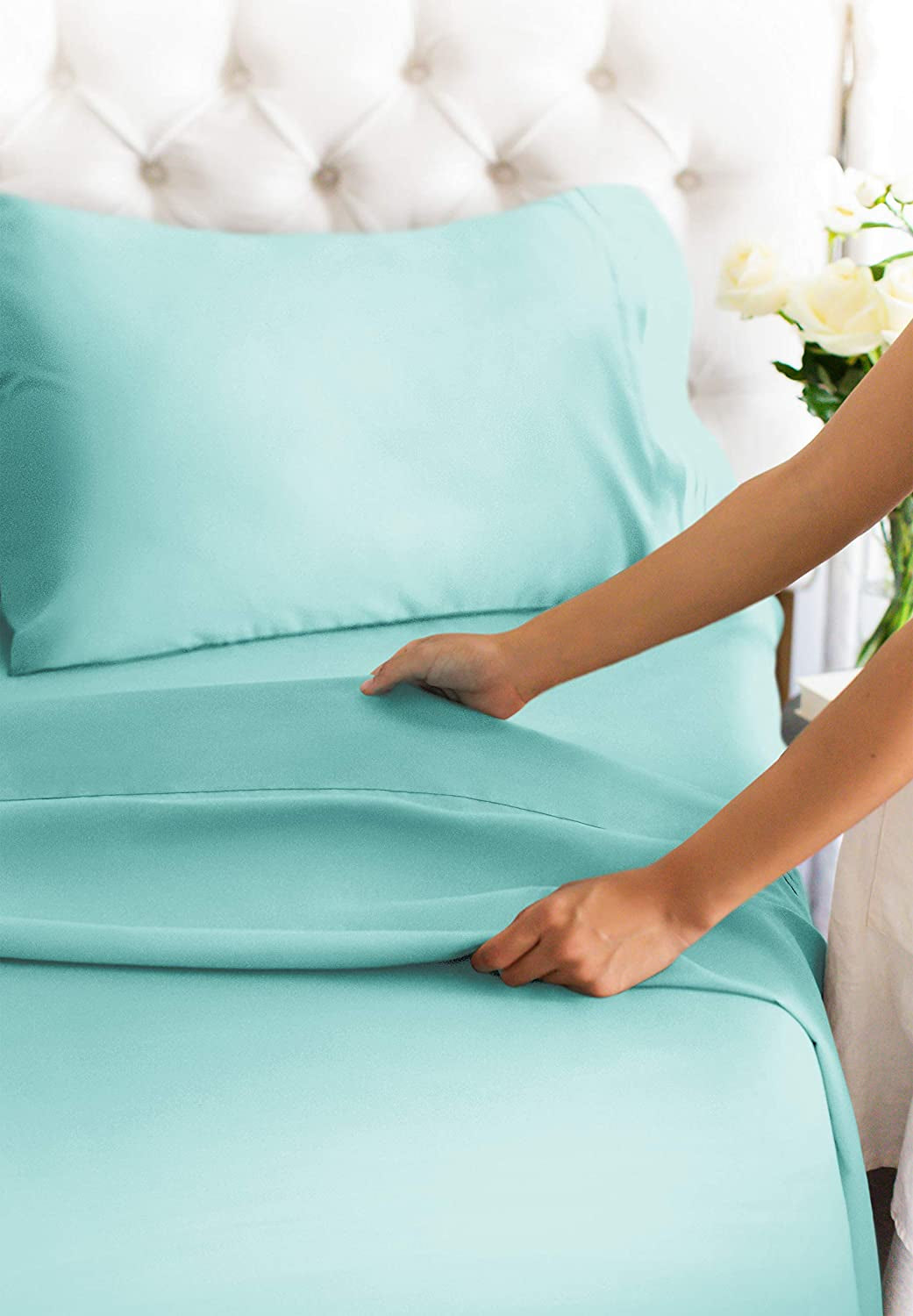 Queen Size 4 Piece Bedding Sheet Set - Breathable & Cooling Bed Sheets - Hotel Luxury Bed Sheets for Women, Men, Kids & Teens - Deep Pockets - Easy-Fit - Soft & Wrinkle Free - Spa Blue Oeko-Tex Set
