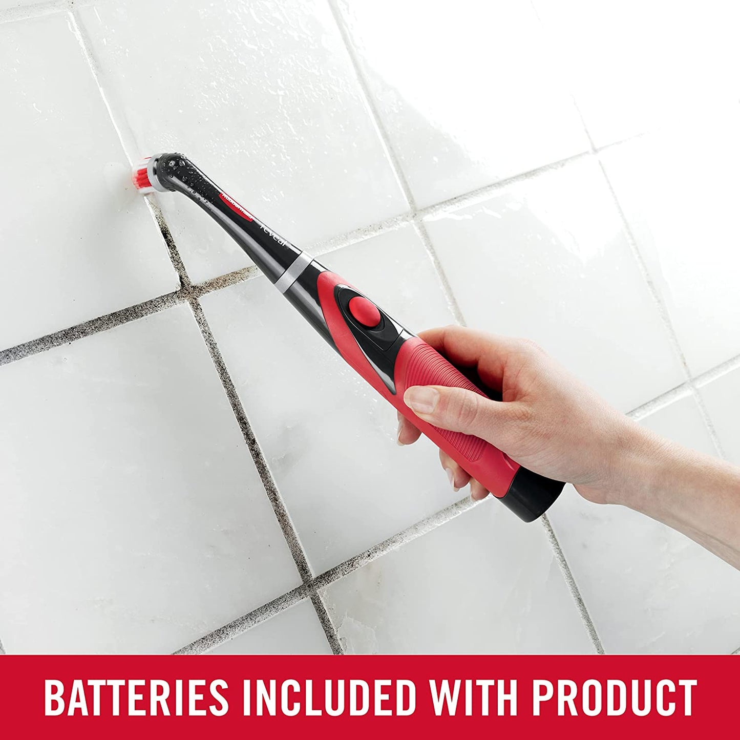 Reveal Cordless Battery Power Scrubber, Gray/Red, Multi-Purpose Scrub Brush Cleaner for Grout/Tile/Bathroom/Shower/Bathtub, Water Resistant, Lightweight, Ergonomic Grip (1839685)