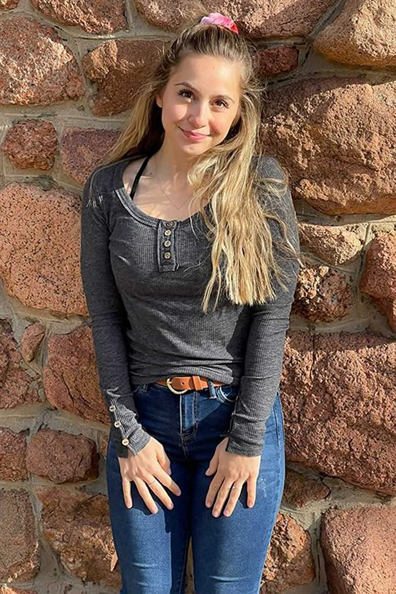 Women'S Long Sleeve Shirts Casual Fall Henley Top Button down Blouses Basic Ribbed Knit T Shirts