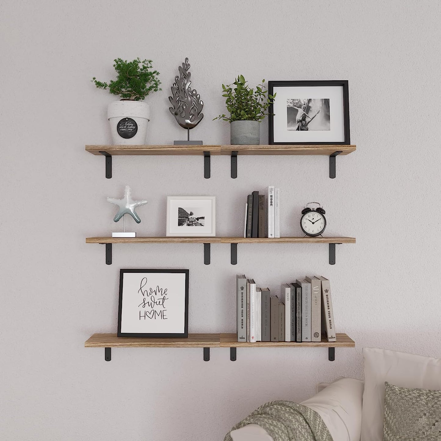 Floating Shelves Set of 6, Wood Floating Shelves for Wall Decor, Rustic Farmhouse Floating Shelves for Bedroom, Bathroom Shelves for Wall Storage, Book Shelves for Living Room-Rustic Brown
