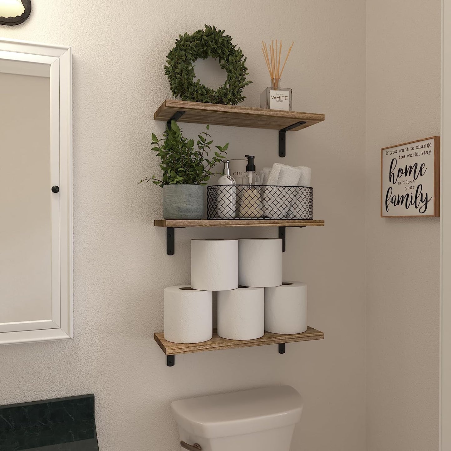Floating Shelves Set of 6, Wood Floating Shelves for Wall Decor, Rustic Farmhouse Floating Shelves for Bedroom, Bathroom Shelves for Wall Storage, Book Shelves for Living Room-Rustic Brown