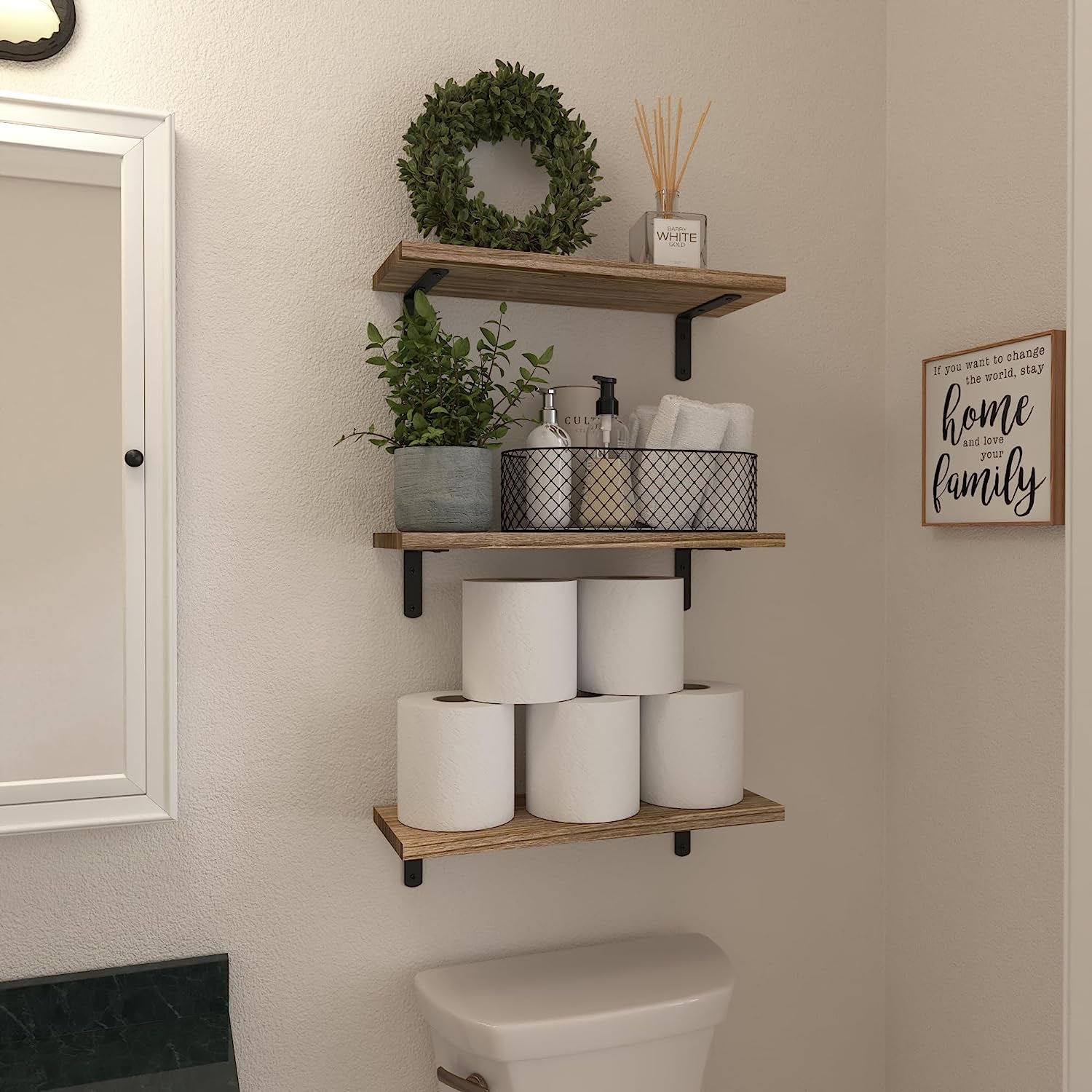 Floating Shelves Set of 6, Wood Floating Shelves for Wall Decor, Rustic Farmhouse Floating Shelves for Bedroom, Bathroom Shelves for Wall Storage, Book Shelves for Living Room-Rustic Brown