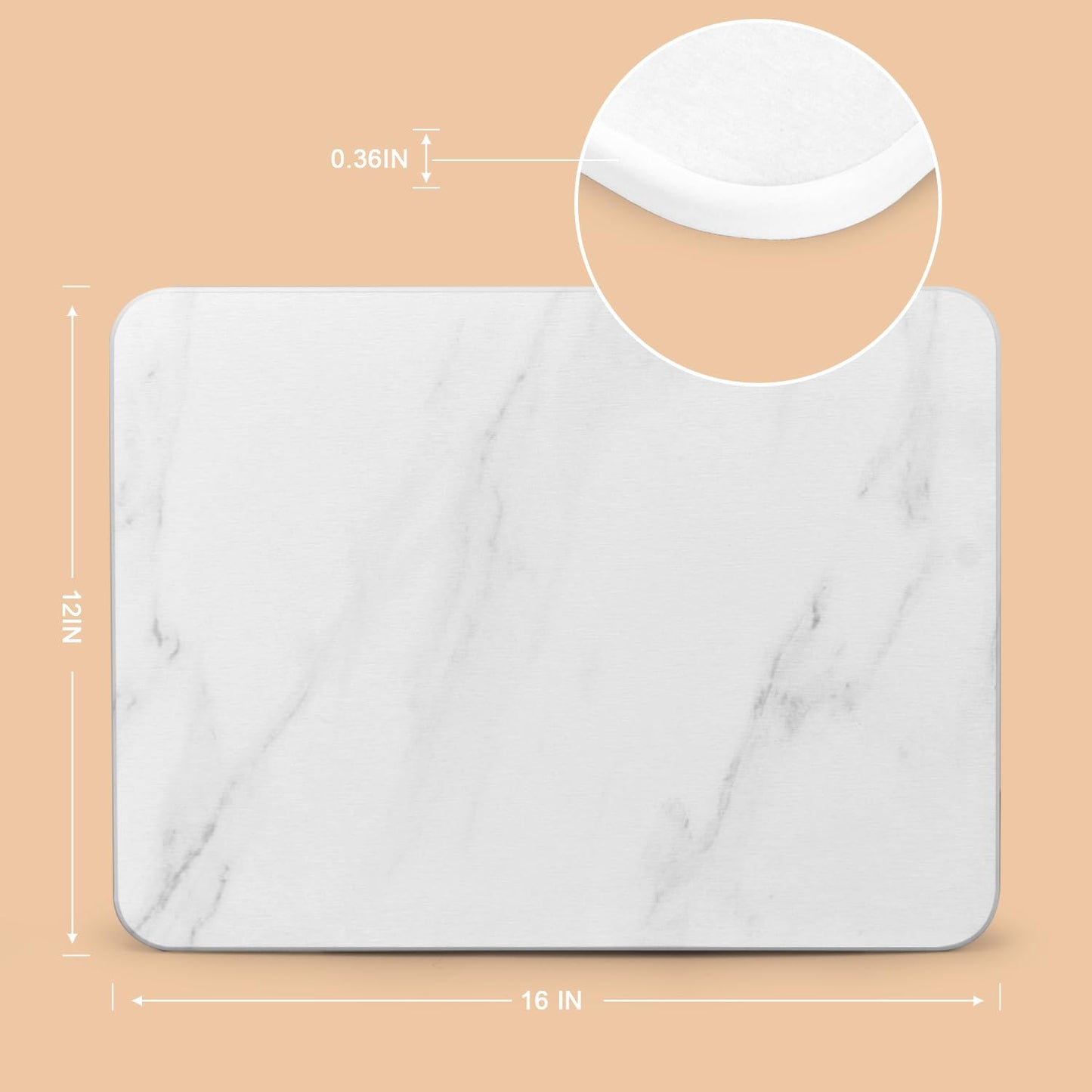 Stone Dish Drying Mats for Kitchen Counter, Ultra Absorbent, Fast Dry, Non-Slip, Heat Resistant, Eco-Friendly Diatomaceous Earth Mat for Baby Bottles, Dishes, and More(16X12 Inch, Whtie Marble)